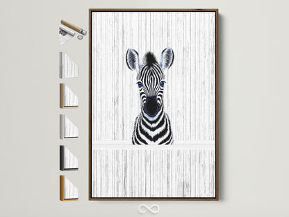 Baby Zebra artwork in a brown frame. The artwork is displayed on a wall. Various frame options are showcased beside the framed zebra art. Ideal for minimalist and contemporary spaces. Perfect nursery wall art.