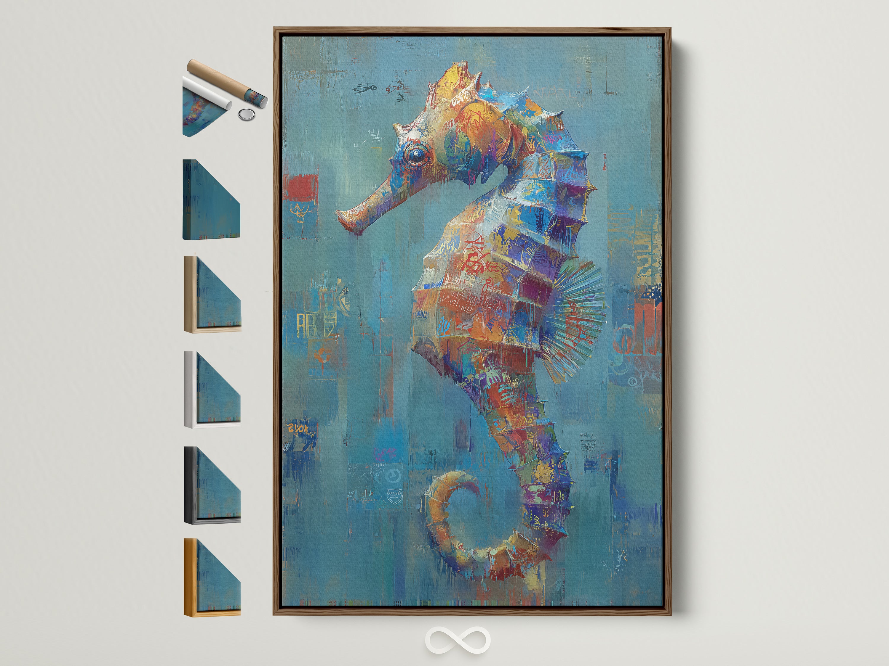 Seahorse abstract art print in a brown frame. This colorful ocean wall art is great coastal bathroom decor. The artwork is displayed with frame options on the side. Perfect marine canvas print for any room.