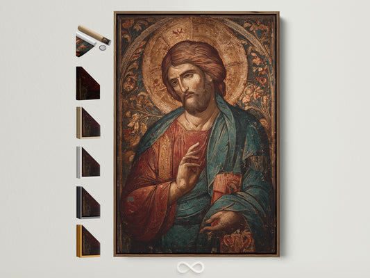 A framed art print featuring a religious figure hangs on a white wall. The brown frame complements the artwork. See all available frame options to customize your art. Find the perfect frame to match your style and decor.