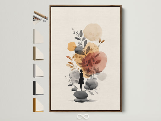 Abstract Botanical Art Print - Minimalist Woman Silhouette, Neutral Tones Wall Decor, Modern Nature Artwork, Boho Home Decor