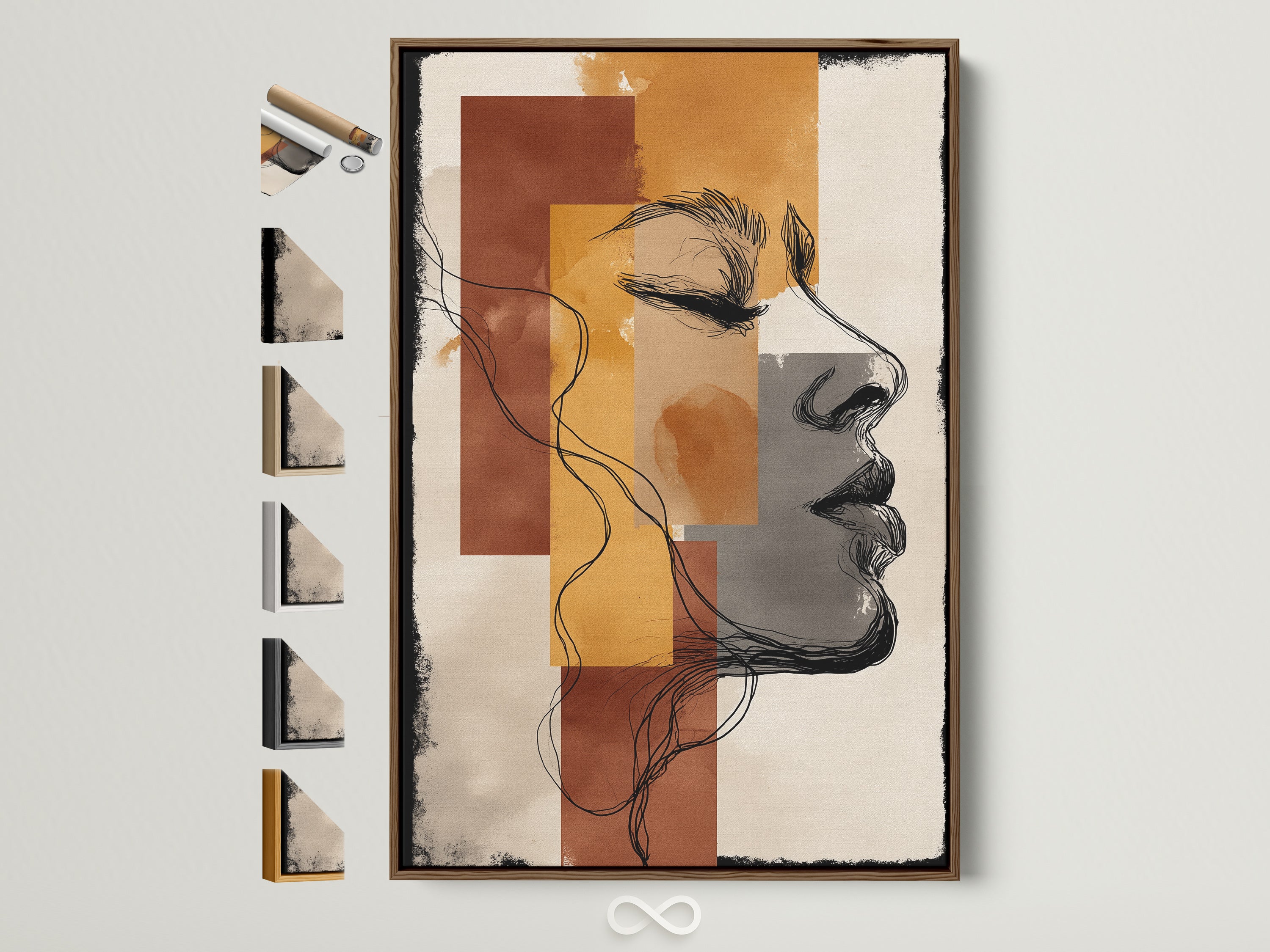 A captivating abstract woman profile art piece is showcased in a brown frame. Notice the various frame options displayed on the side. The artwork features modern line drawings. The canvas print combines terracotta and mustard tones. Perfect for adding a bohemian touch to any room. This piece enhances bedroom decor with its minimalist aesthetic.