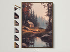 Artwork featuring a serene cabin scene by a lake is displayed in a brown frame. Explore framing options for artwork. Find the perfect frame to complement your art. Various frame choices are presented.