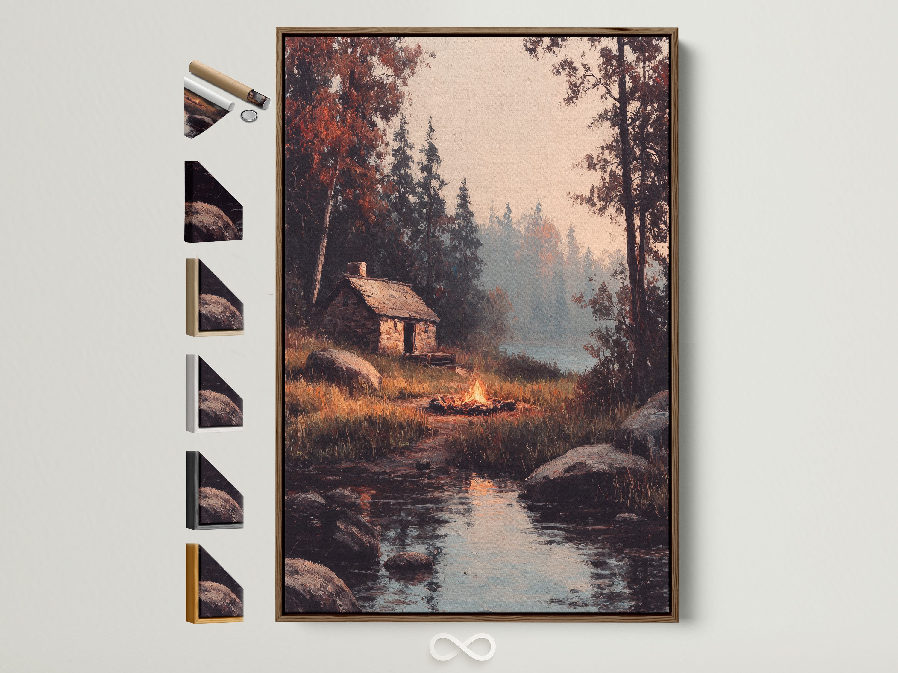 Artwork featuring a serene cabin scene by a lake is displayed in a brown frame. Explore framing options for artwork. Find the perfect frame to complement your art. Various frame choices are presented.