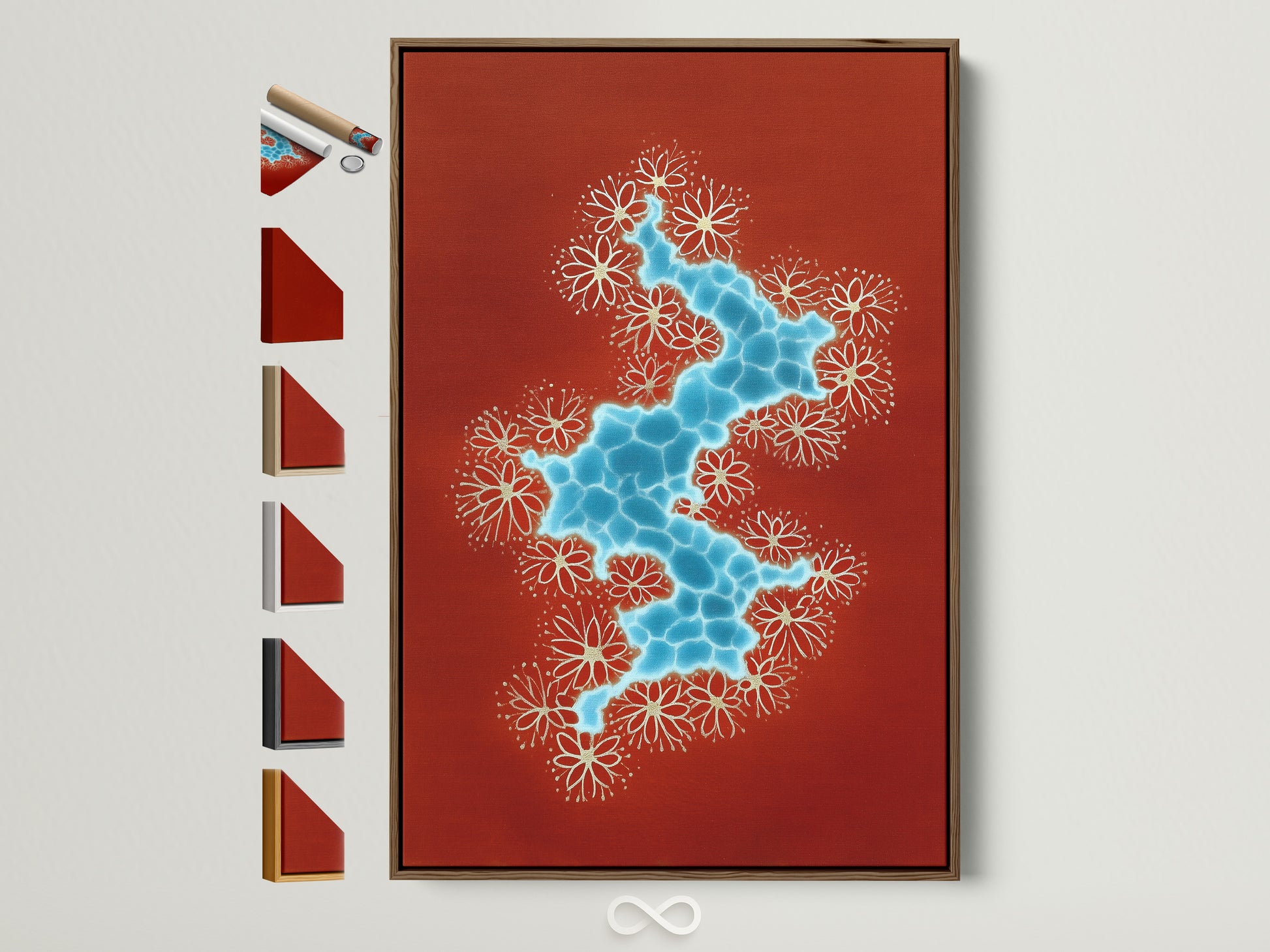 Abstract River artwork with a terracotta and blue color palette. The artwork is displayed in a brown frame. Multiple frame options are visible. Perfect bohemian wall decor for living rooms or bedrooms.