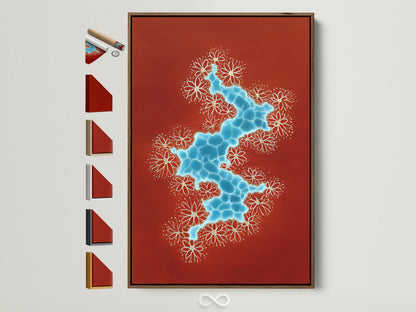 Abstract River artwork with a terracotta and blue color palette. The artwork is displayed in a brown frame. Multiple frame options are visible. Perfect bohemian wall decor for living rooms or bedrooms.