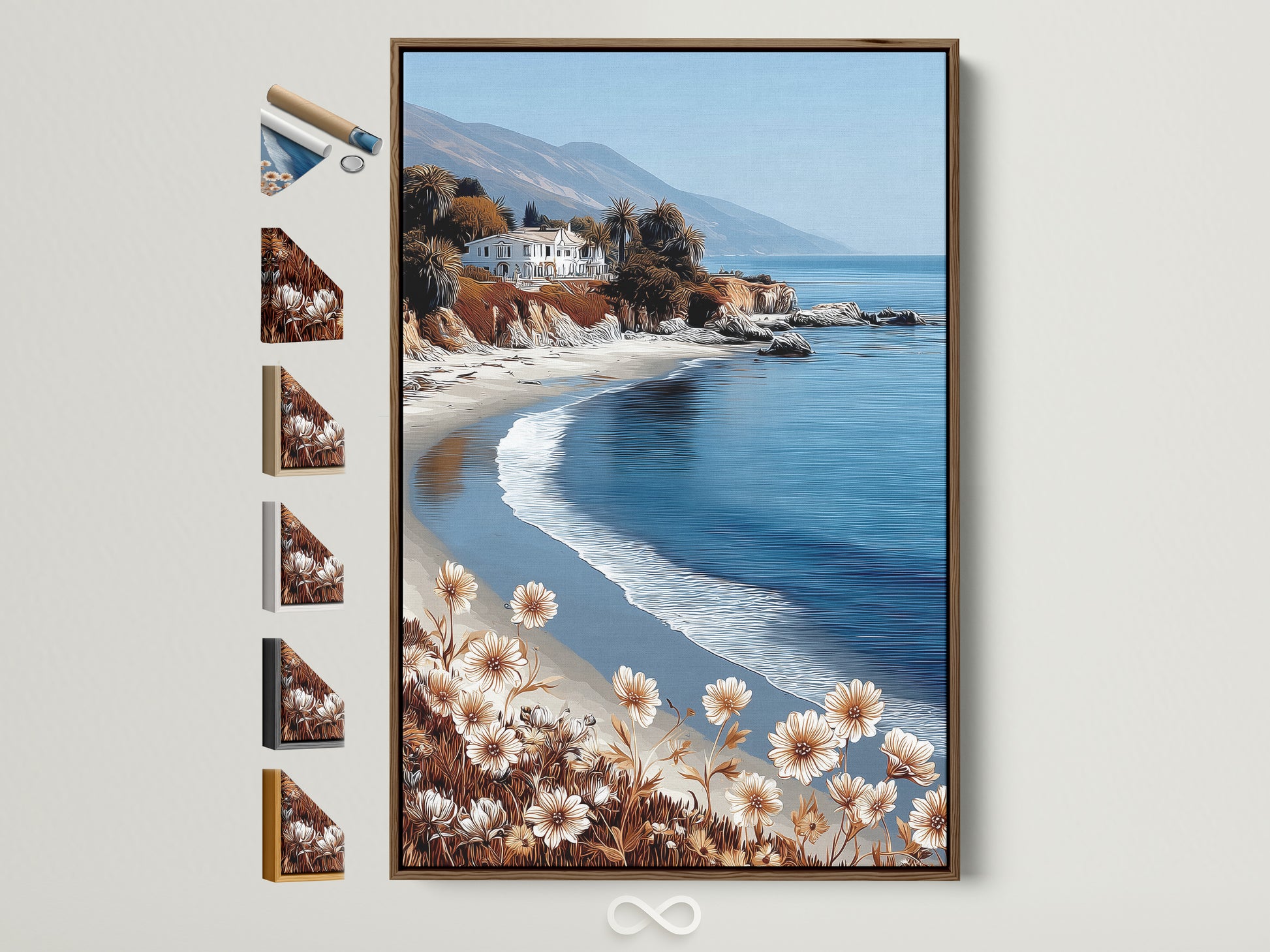 Coastal beach artwork in a brown frame is displayed on a white wall. The artwork features a serene seascape with neutral tones. Notice the various frame options showcased beside it. This artwork brings calming ocean vibes to any room. Perfect for coastal or modern decor styles.