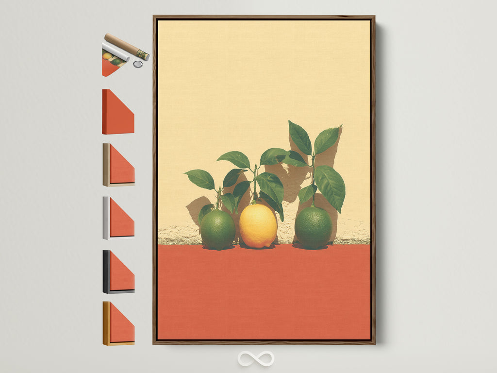 Citrus Fruit Artwork in a Brown Frame. This still life wall art features vibrant lemons and limes. See all frame options available. Perfect modern kitchen wall decor. This botanical print adds a pop of color to any space.