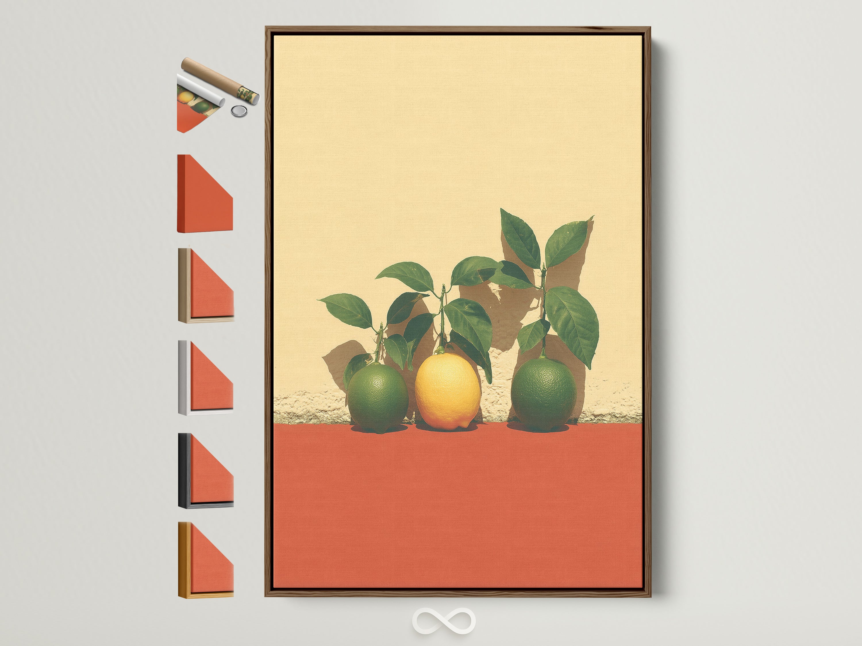 Citrus Fruit Artwork in a Brown Frame. This still life wall art features vibrant lemons and limes. See all frame options available. Perfect modern kitchen wall decor. This botanical print adds a pop of color to any space.