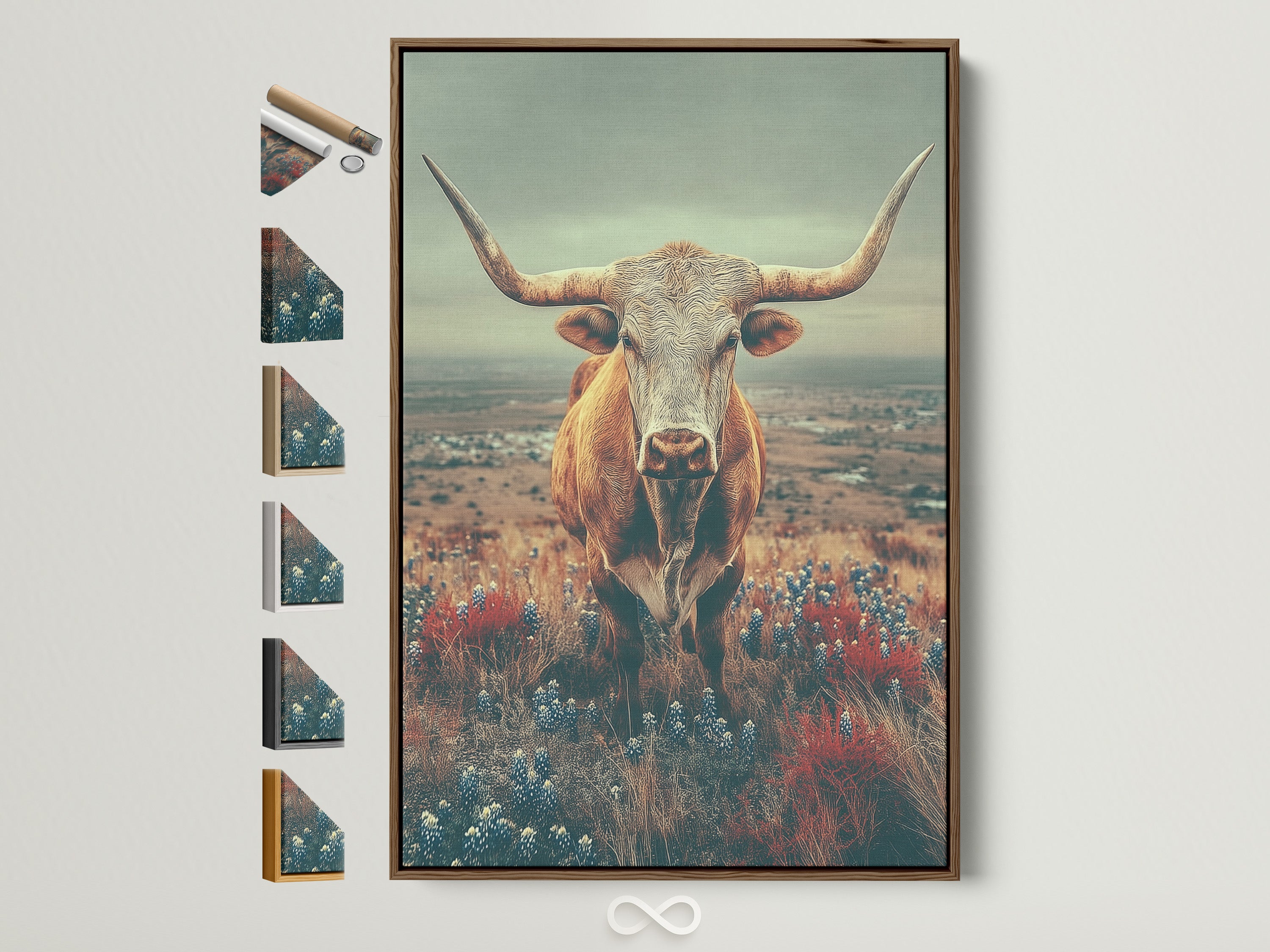 Highland Cow art in a brown frame. Many frame options are displayed on the side. This rustic farm animal wall art brings a vintage country landscape to your bedroom decor. A perfect piece of farmhouse art.