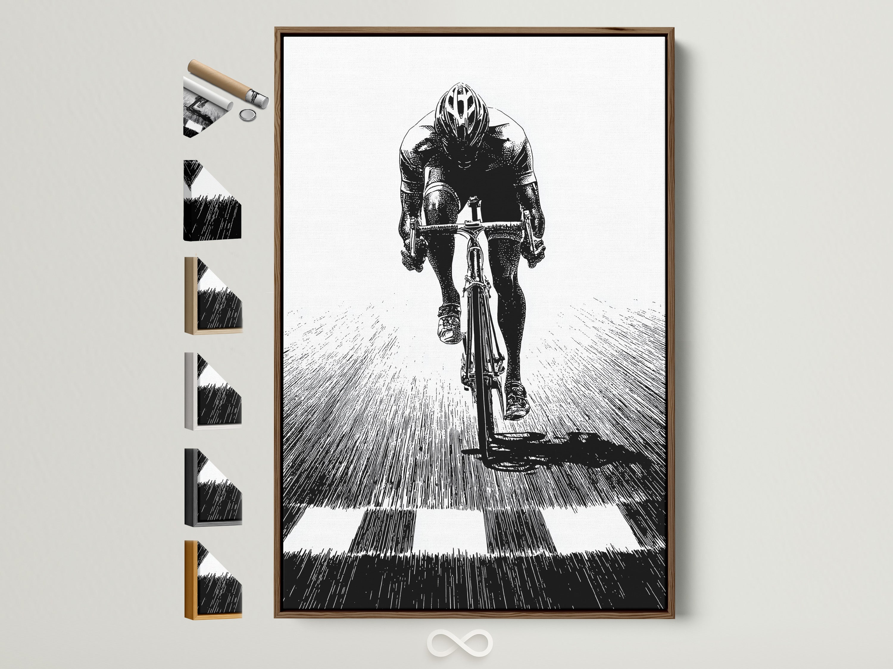 Cycling Art Print in a Brown Frame. Vintage bicycle wall art adds character to any space. See all frame options available. Find the perfect frame to complement your artwork. Elevate your decor with this unique piece.