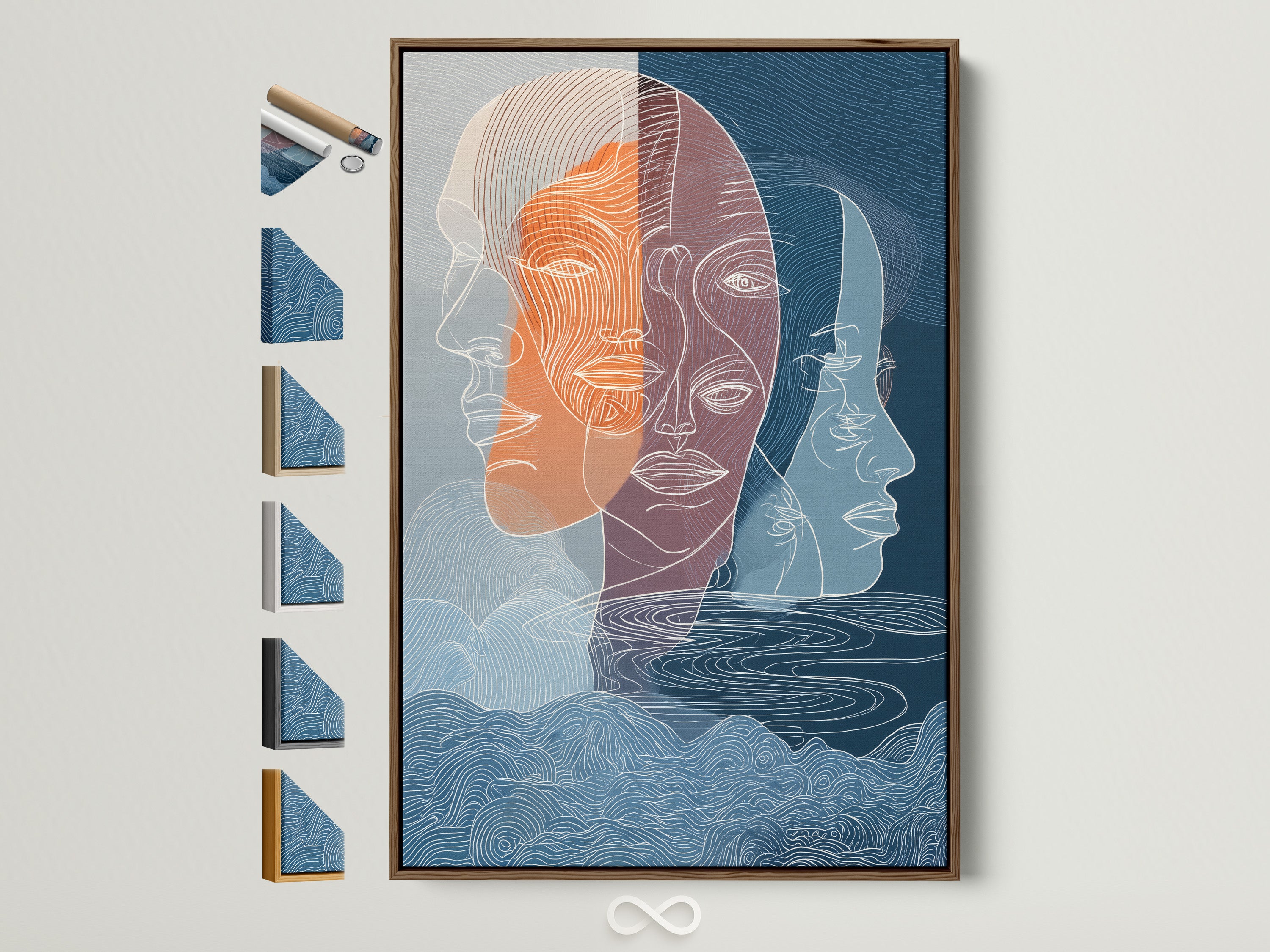 Brown frame showcases a vibrant artwork. This frame is displayed alongside other frame options. Discover diverse framing choices for your art. Select the perfect frame to complement your artwork and elevate your space.