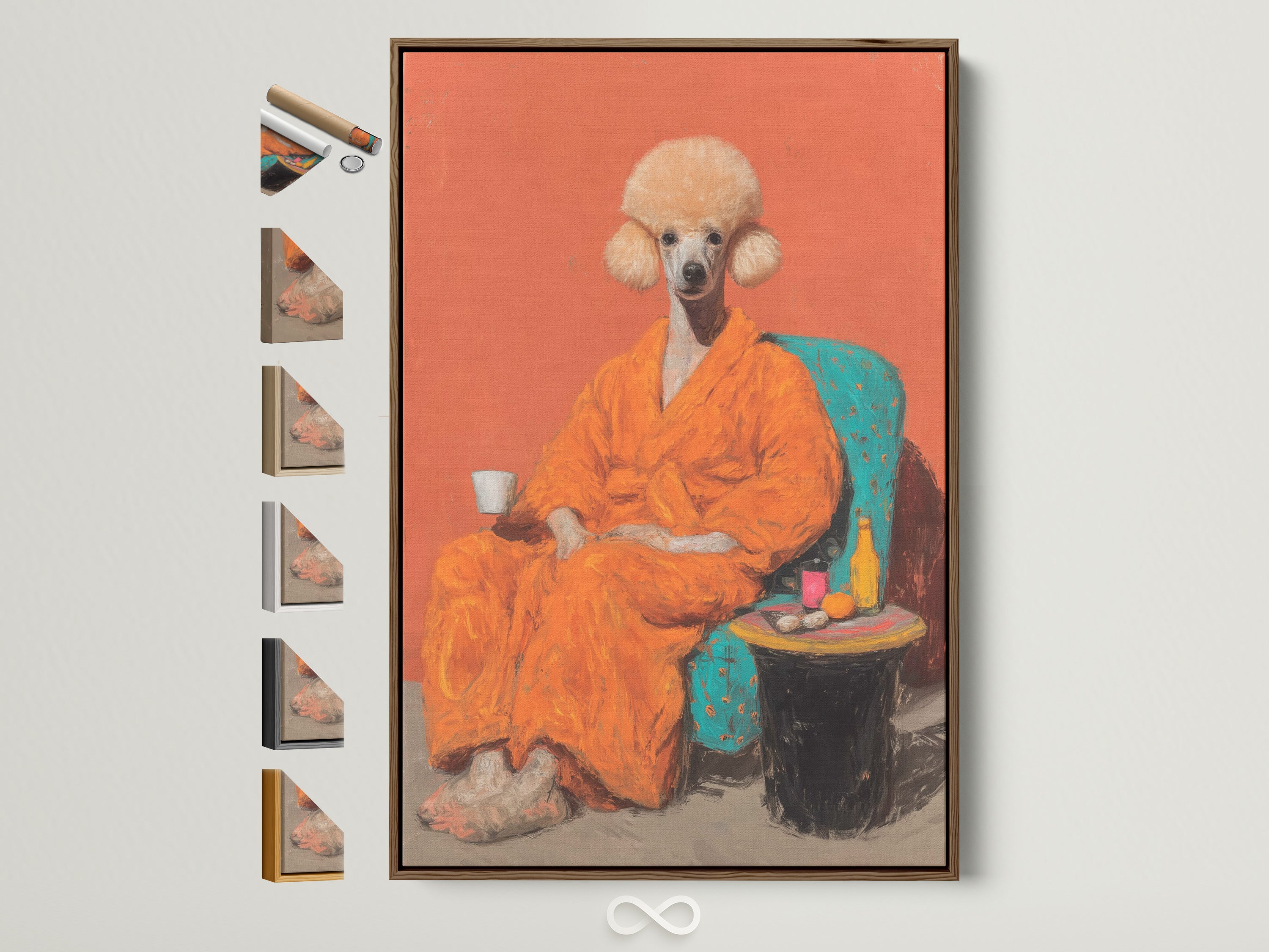 Poodle Portrait Canvas Print in a brown frame. This quirky animal wall art features surreal pet art perfect for home or office decor. See all frame options available on the side. The primary color is orange and the secondary color is blue.