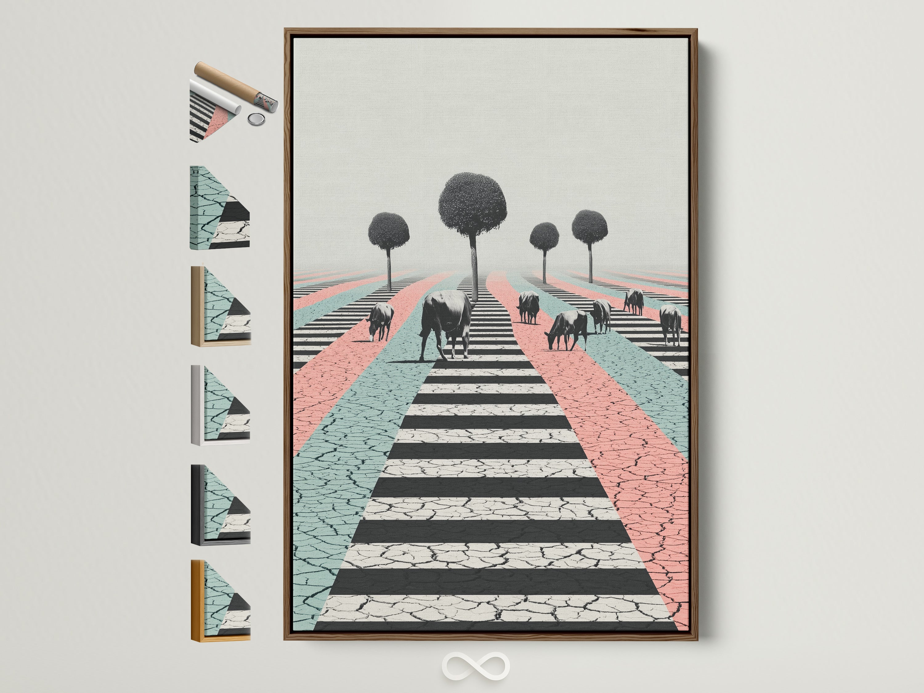 Modern surrealist artwork in a brown frame hangs on a white wall. The art features cows on a cracked zebra crossing.  Pastel pink and green add a whimsical touch. Explore framed art options to enhance your home decor.