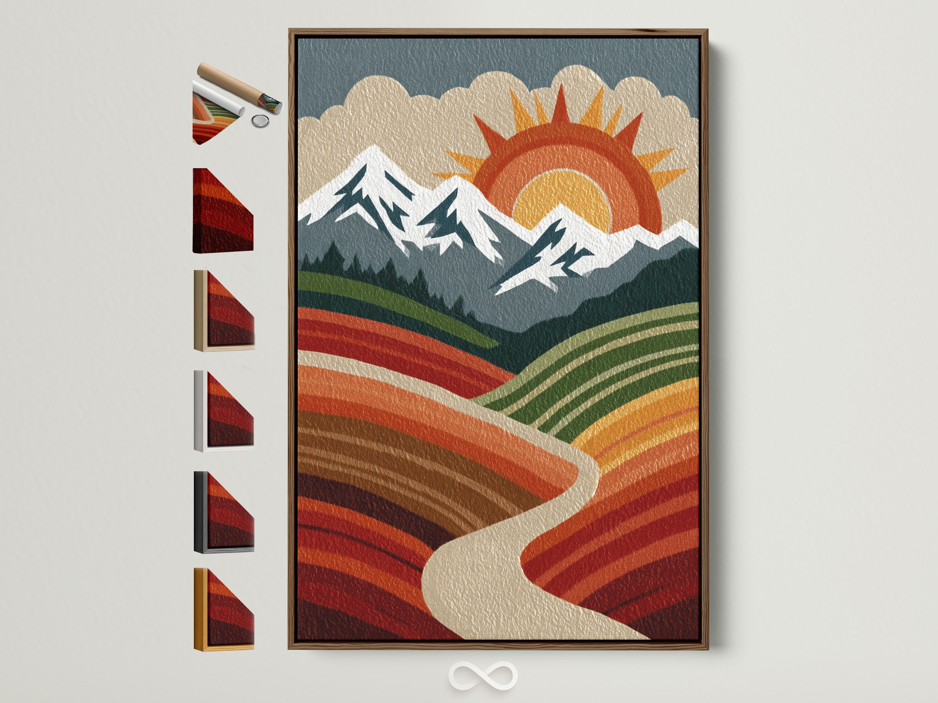 Retro boho mountain landscape artwork with a brown frame. This art print features a sun mountains and valley. It is hung on a white wall. Various frame options are displayed to the side offering a glimpse of available choices.
