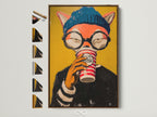 Hipster Fox artwork in a brown frame is displayed alongside various frame options. This modern animal art adds a quirky touch to any space. Perfect coffee lover print for kitchen or office decor. The orange and yellow tones create a contemporary style.