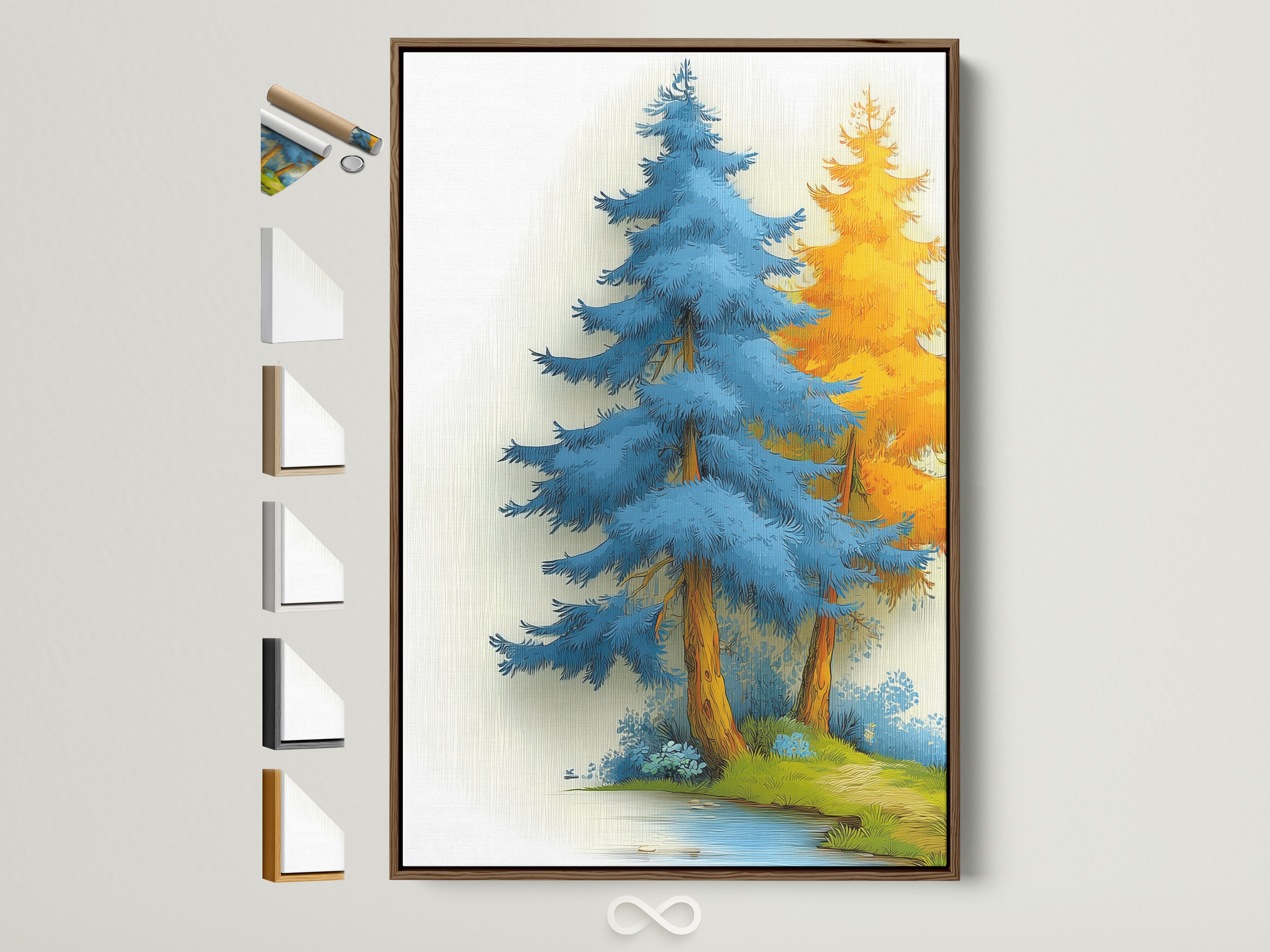 A captivating blue forest artwork is displayed in a brown frame. Notice how the frame options are showcased beside it. The teal and gold tree wall art brings nature indoors. A modern touch for any bedroom decor. This forest canvas art is perfect for homeowners and renters seeking refined contemporary wall decor. It complements minimalist and Scandinavian styles.