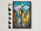 Artwork of a cyclist in a brown frame. Explore our framing options to perfectly complement your art. The artwork features vibrant colors and dynamic brushstrokes. It captures the energy of the cyclist. This framed art adds a touch of sophistication to any room.