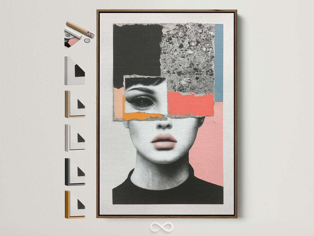 Modern collage wall art featuring an abstract face in a brown frame. This contemporary portrait artwork is perfect for bedroom decor. See all frame options available. This art fits minimalist retro industrial or eclectic styles. Ideal for living rooms bedrooms offices studios lobbies clinics boutiques and salons.