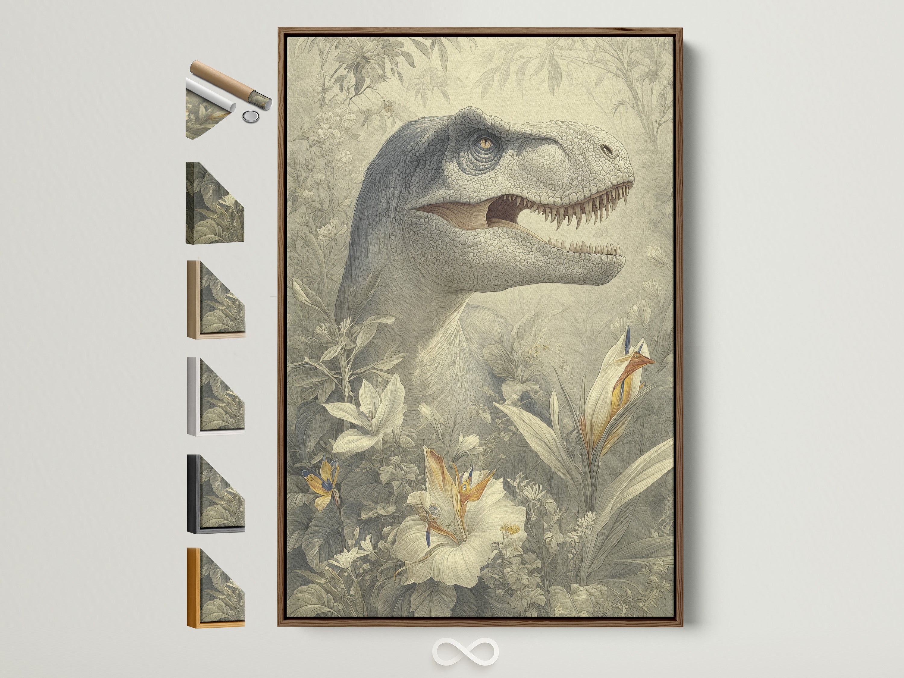A brown frame displays dinosaur artwork. See all our frame options available. Choose the perfect frame to complement your artwork. Options include oak white black and gold frames for varied aesthetics.