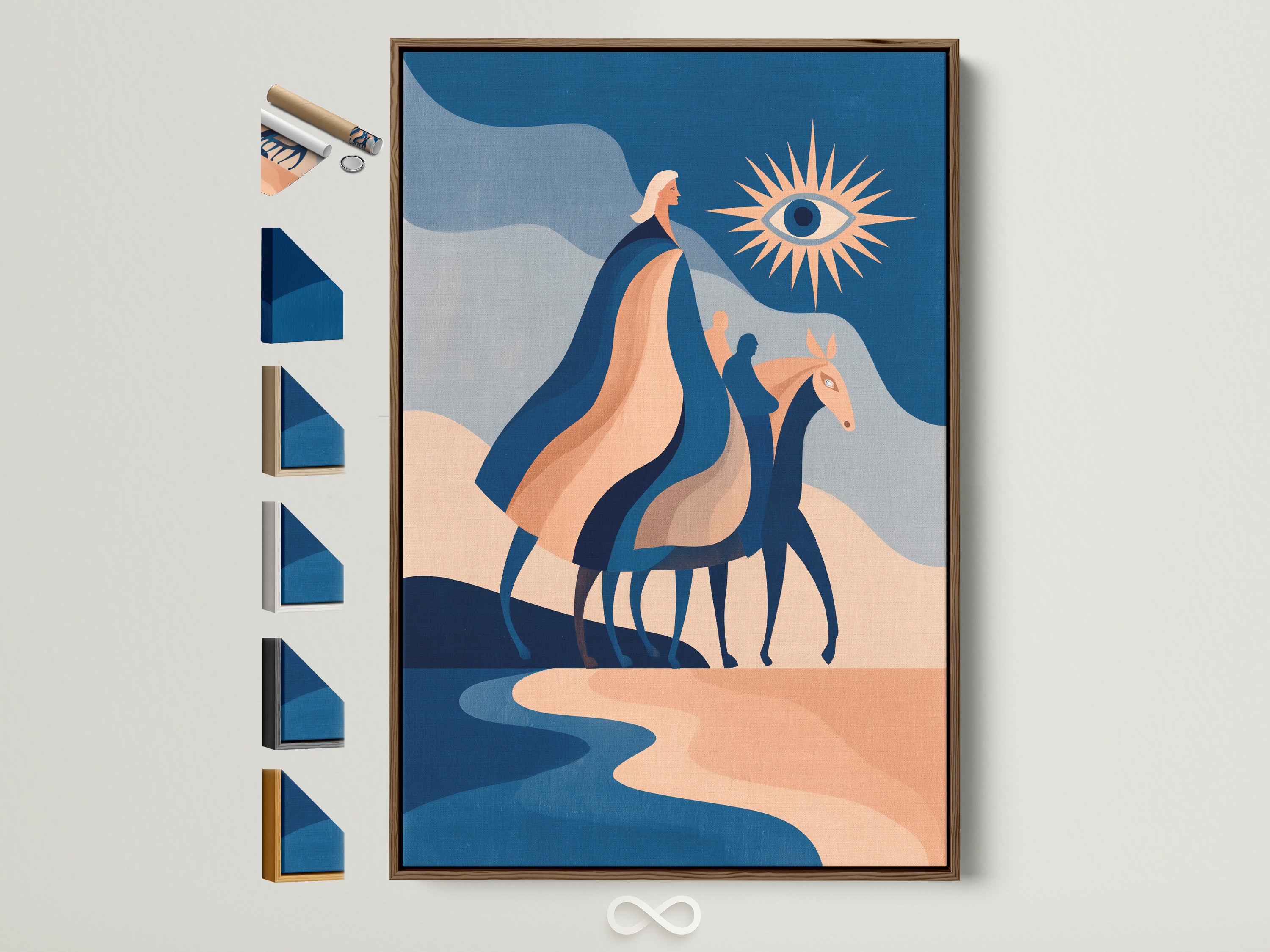 Modern abstract horse art in a brown frame. The artwork features a blue terracotta canvas print. This boho equestrian wall art is perfect for bedroom decor. All frame options are displayed. A great piece for minimalist boho or eclectic interiors