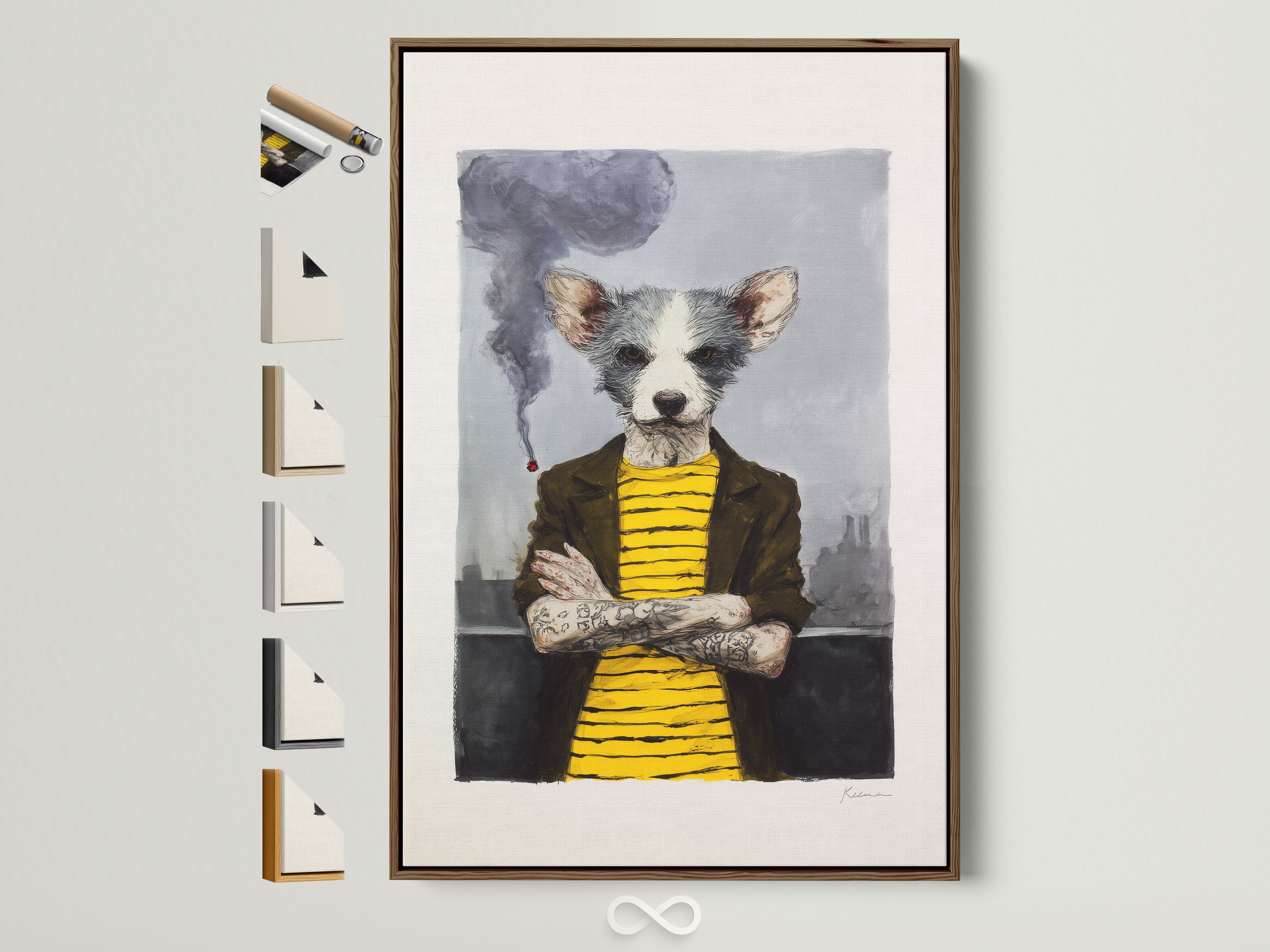 A quirky dog portrait art piece is displayed in a brown frame. The artwork features an anthropomorphic animal in a stylish setting. The frame options are showcased on the side. This whimsical pet wall art adds character to any home office decor. The primary color is yellow and secondary color is grey.