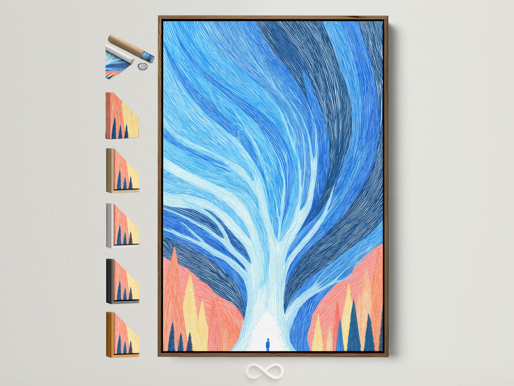 Abstract Tree art piece in a brown frame. See all our frame options. Find the perfect frame to match your style. This art is a modern nature artwork. It features blue and coral hues. Ideal for office decor or home wall art.