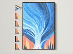 Abstract Tree art piece in a brown frame. See all our frame options. Find the perfect frame to match your style. This art is a modern nature artwork. It features blue and coral hues. Ideal for office decor or home wall art.