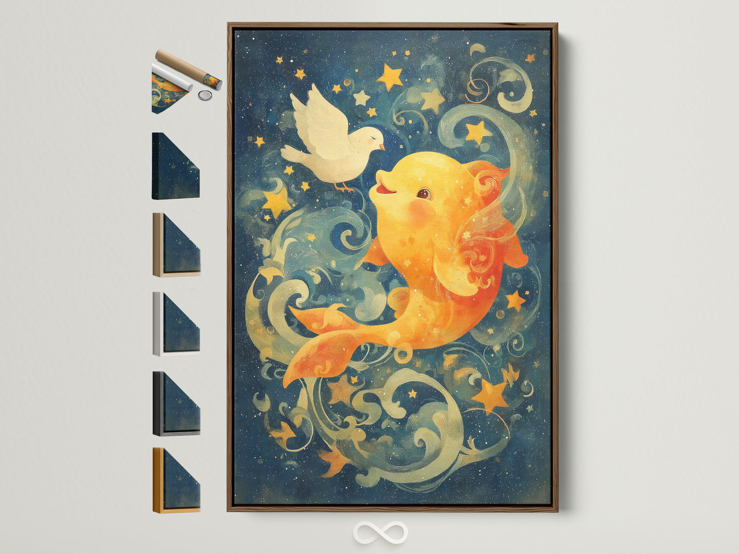 A charming Celestial Goldfish artwork is displayed in a brown wooden frame. Various frame options are arranged on the side showing different colors and styles. This nautical wall art brings a whimsical touch to any kids room or nursery. This is the perfect marine artwork to add a splash of color and cheer.