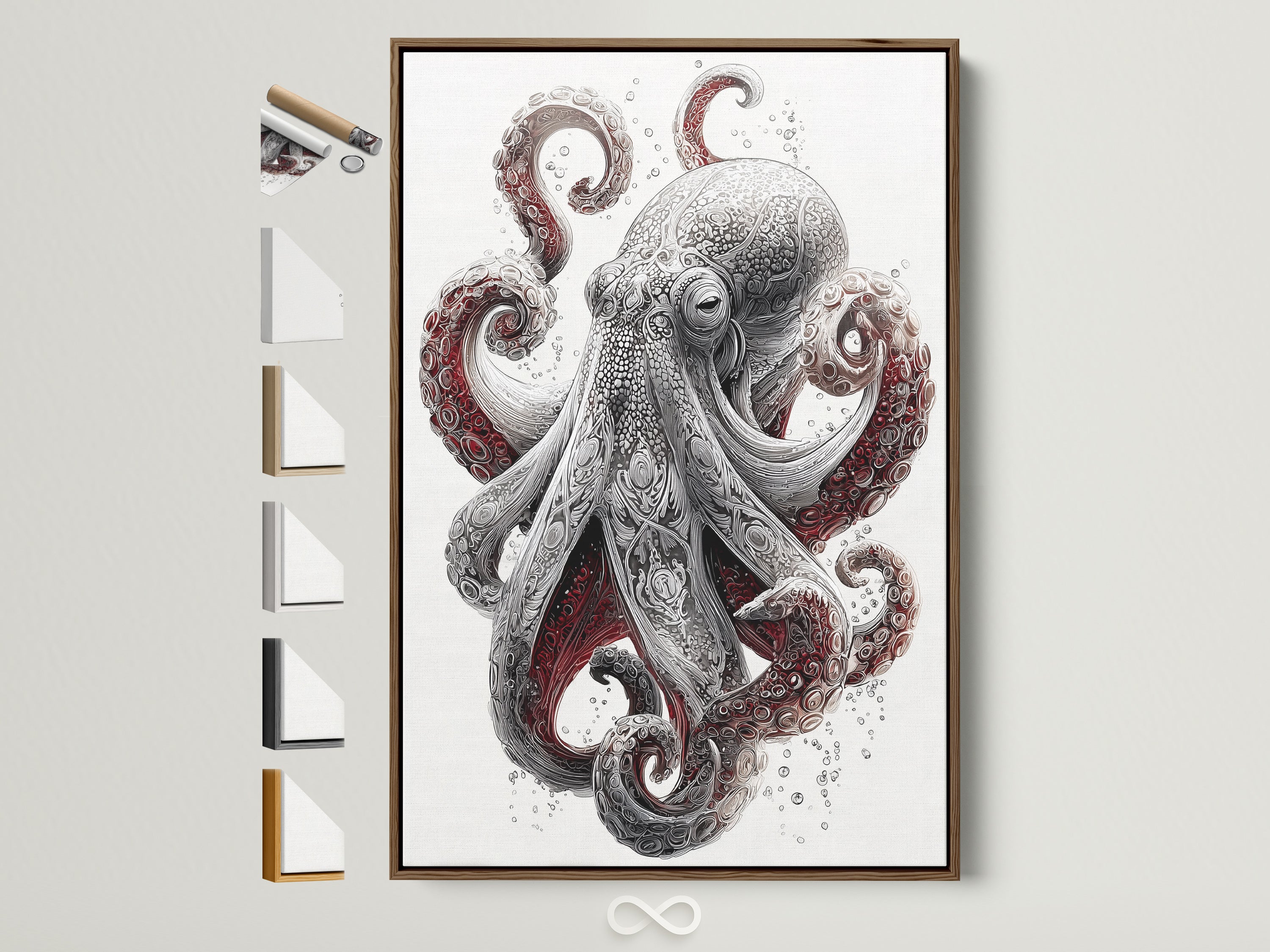 A detailed Octopus art print is displayed in a brown frame. This marine life wall art features a vintage sea creature. See all the frame options available. Perfect nautical wall decor for bathroom decor.  Add a touch of ocean art to your coastal home.