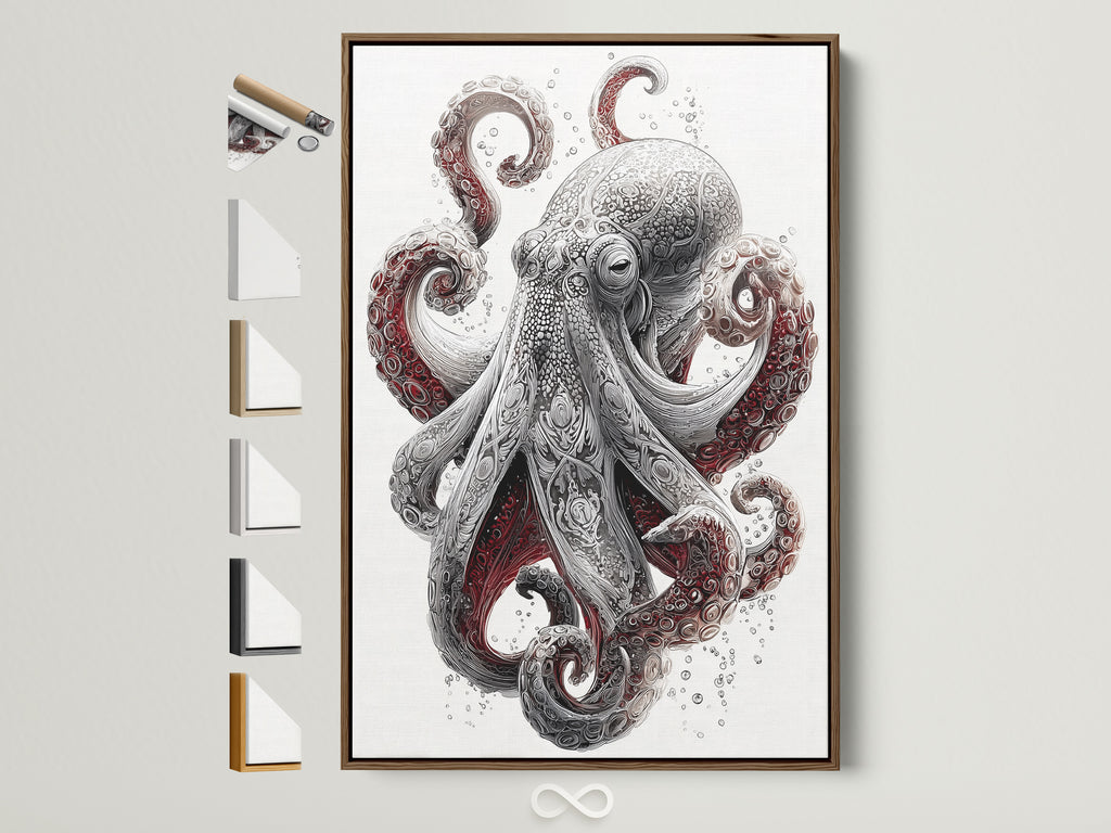 A detailed Octopus art print is displayed in a brown frame. This marine life wall art features a vintage sea creature. See all the frame options available. Perfect nautical wall decor for bathroom decor.  Add a touch of ocean art to your coastal home.