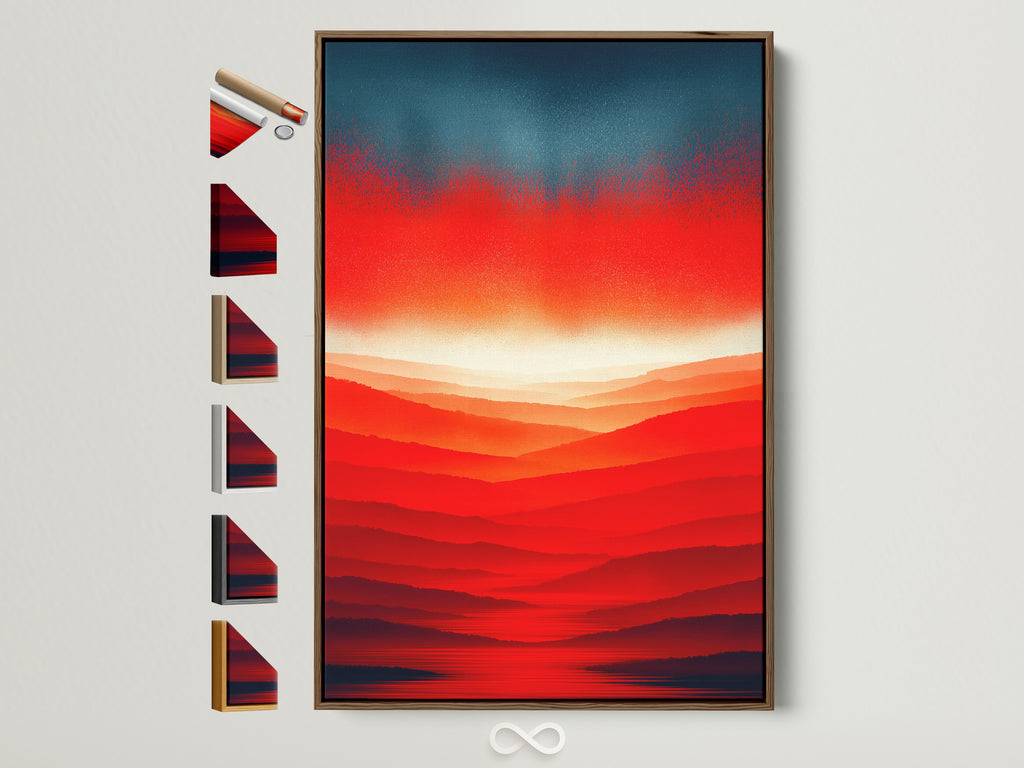 A vibrant abstract sunset artwork with red orange and gradient hues is displayed in a brown frame. The frame options are shown to the side. This mountain landscape wall art adds a modern touch to any room.