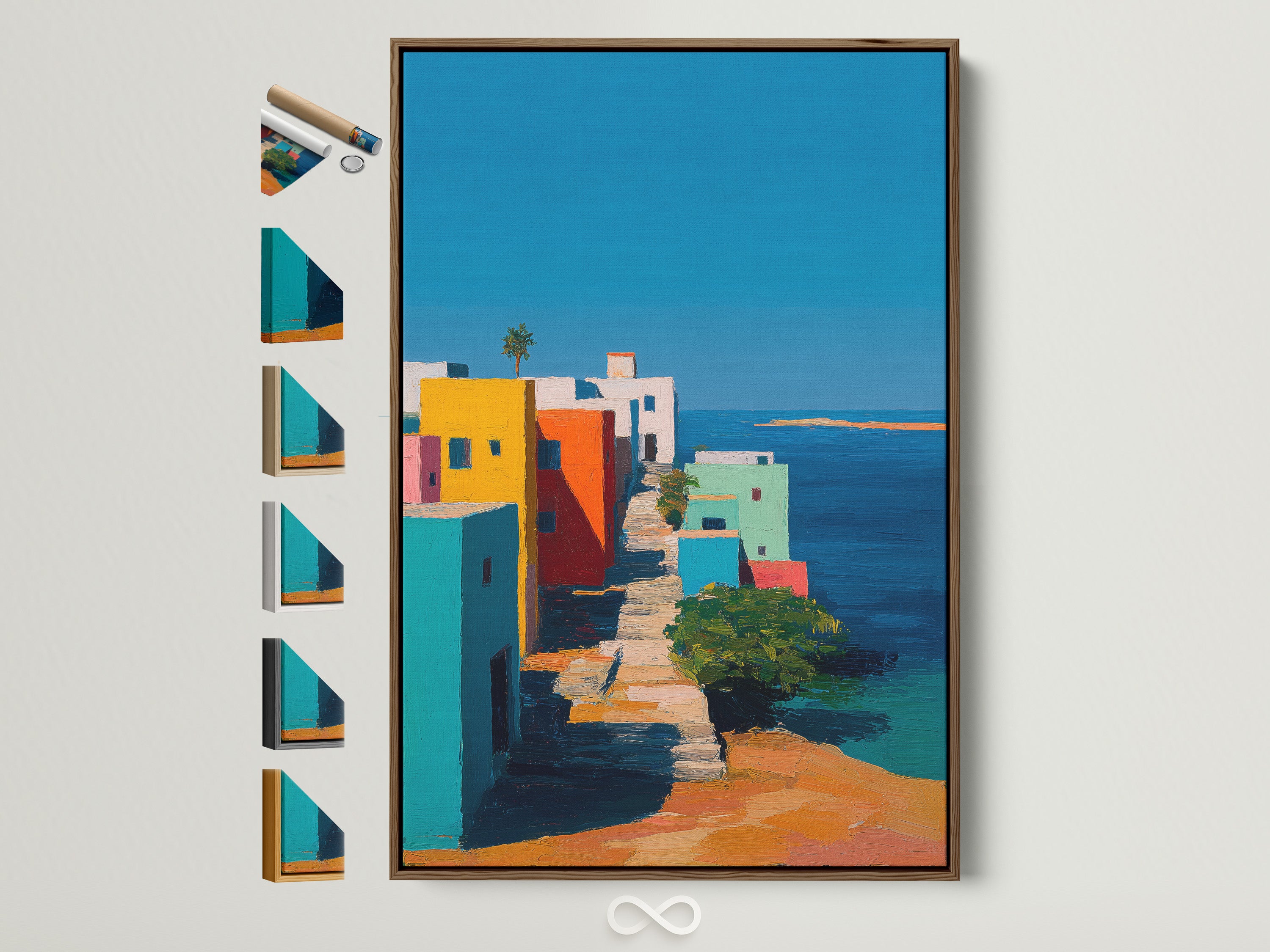 A vibrant art print with a brown frame is displayed. You can see all frame options available on the side. The artwork depicts a colorful coastal scene. The print enhances the room's aesthetic appeal.