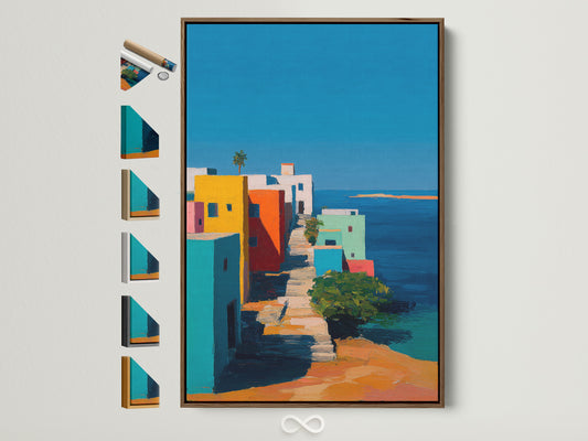 A vibrant art print with a brown frame is displayed. You can see all frame options available on the side. The artwork depicts a colorful coastal scene. The print enhances the room's aesthetic appeal.