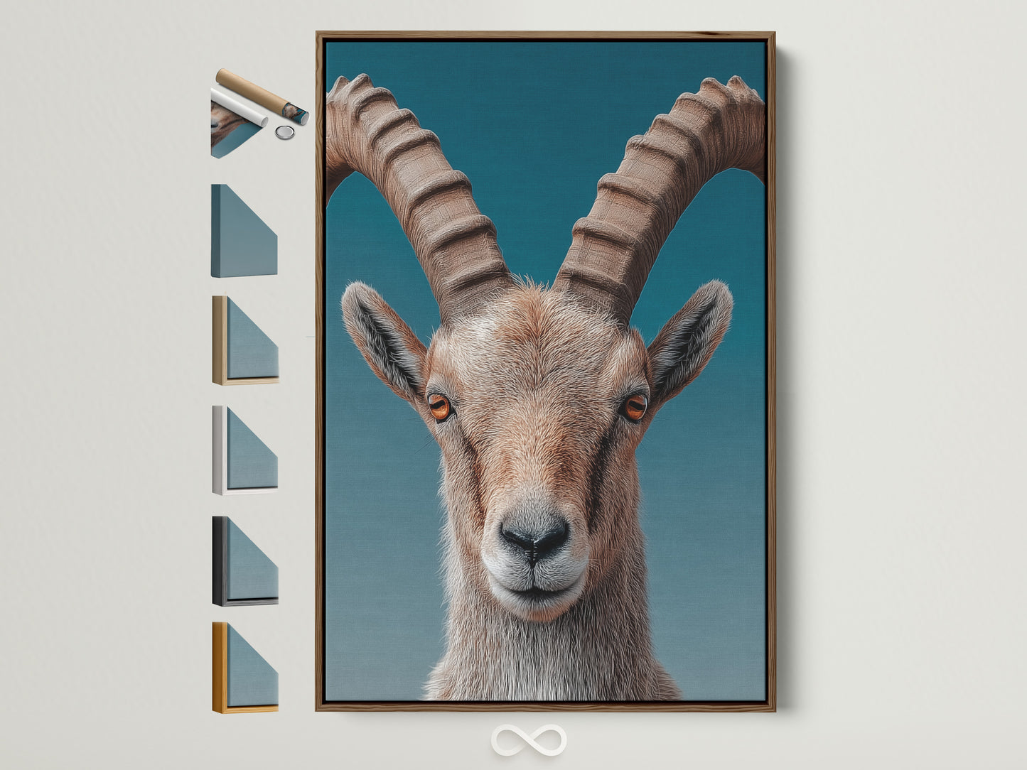 A brown frame showcases various frame options on its side. The artwork inside features an animal portrait. The frames offer a versatile display for any art. Perfect for adding sophistication to your decor. Find the perfect frame to complement your artwork.