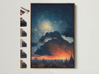 Swirling Sky artwork in a brown frame. The artwork features a Van Gogh style cityscape with dramatic clouds. This artwork is a blend of blue and orange hues. Perfect wall decor for living rooms bedrooms and offices. See the various frame options available for this artwork.