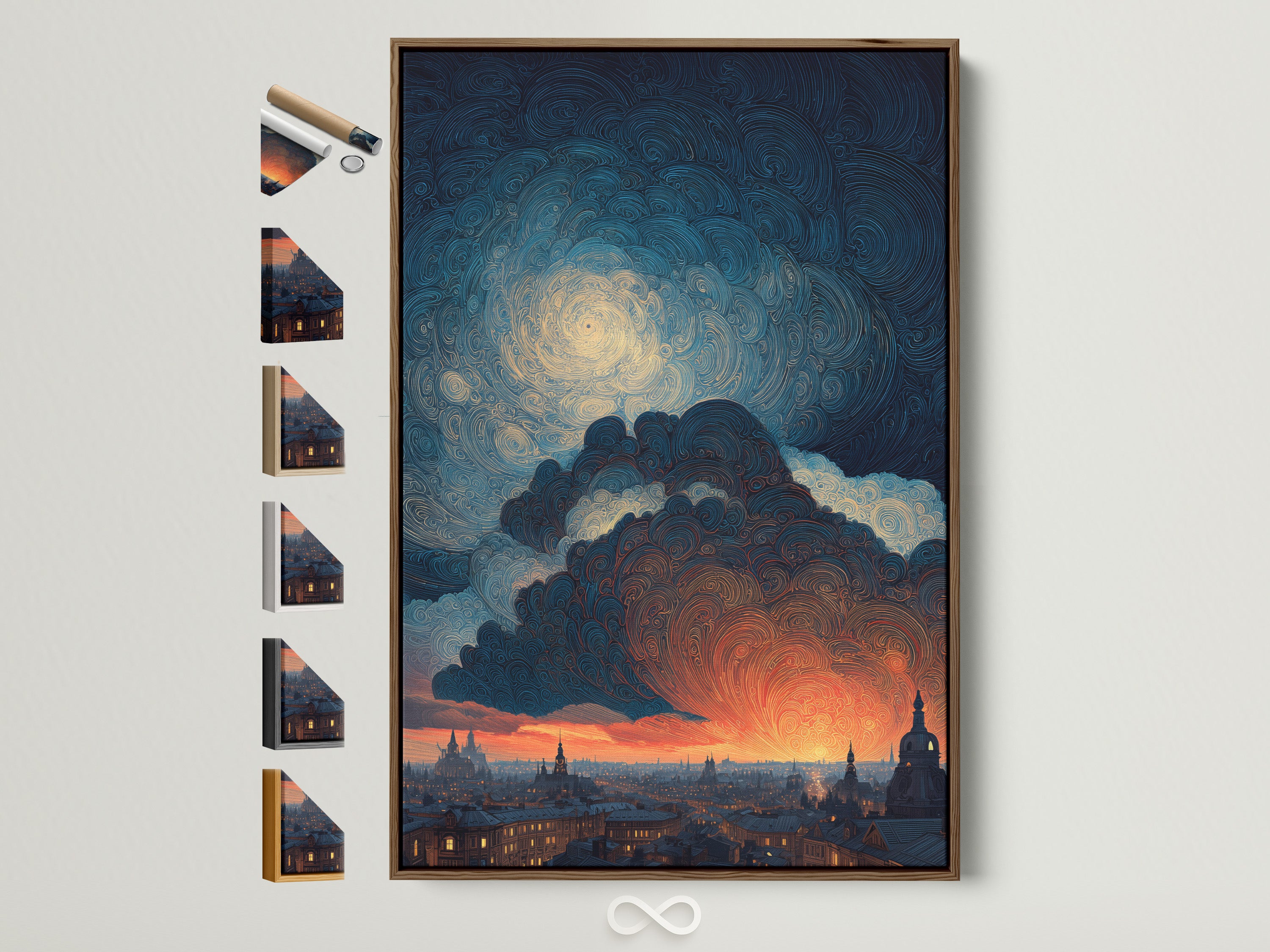 Swirling Sky artwork in a brown frame. The artwork features a Van Gogh style cityscape with dramatic clouds. This artwork is a blend of blue and orange hues. Perfect wall decor for living rooms bedrooms and offices. See the various frame options available for this artwork.
