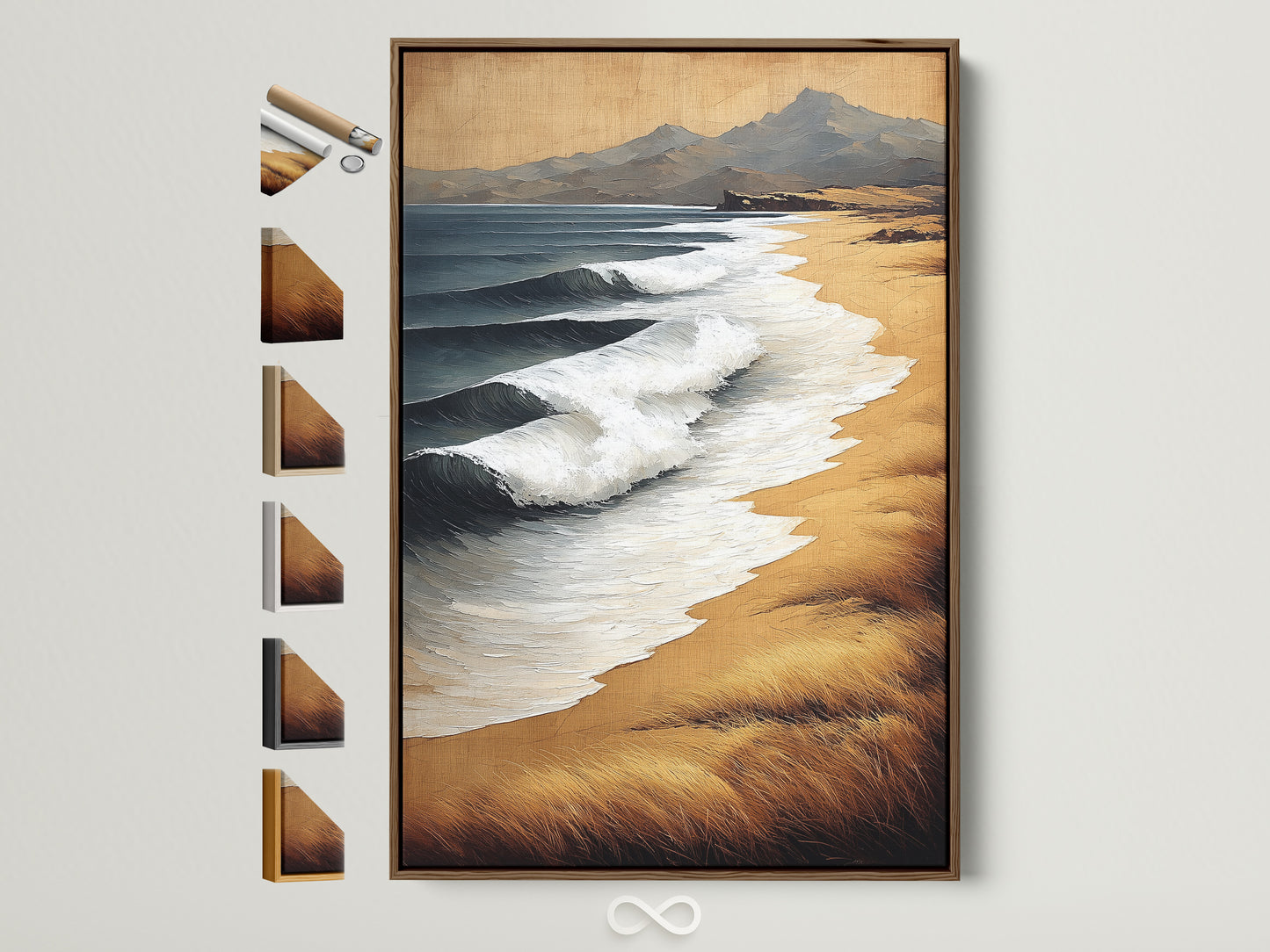 Elevate your space with our Coastal Waves canvas artwork. This piece is displayed in a brown frame. See all available framing options to customize your beach landscape wall art. The neutral tone seascape artwork adds a touch of coastal charm to any room. Find the perfect frame to complement your decor.
