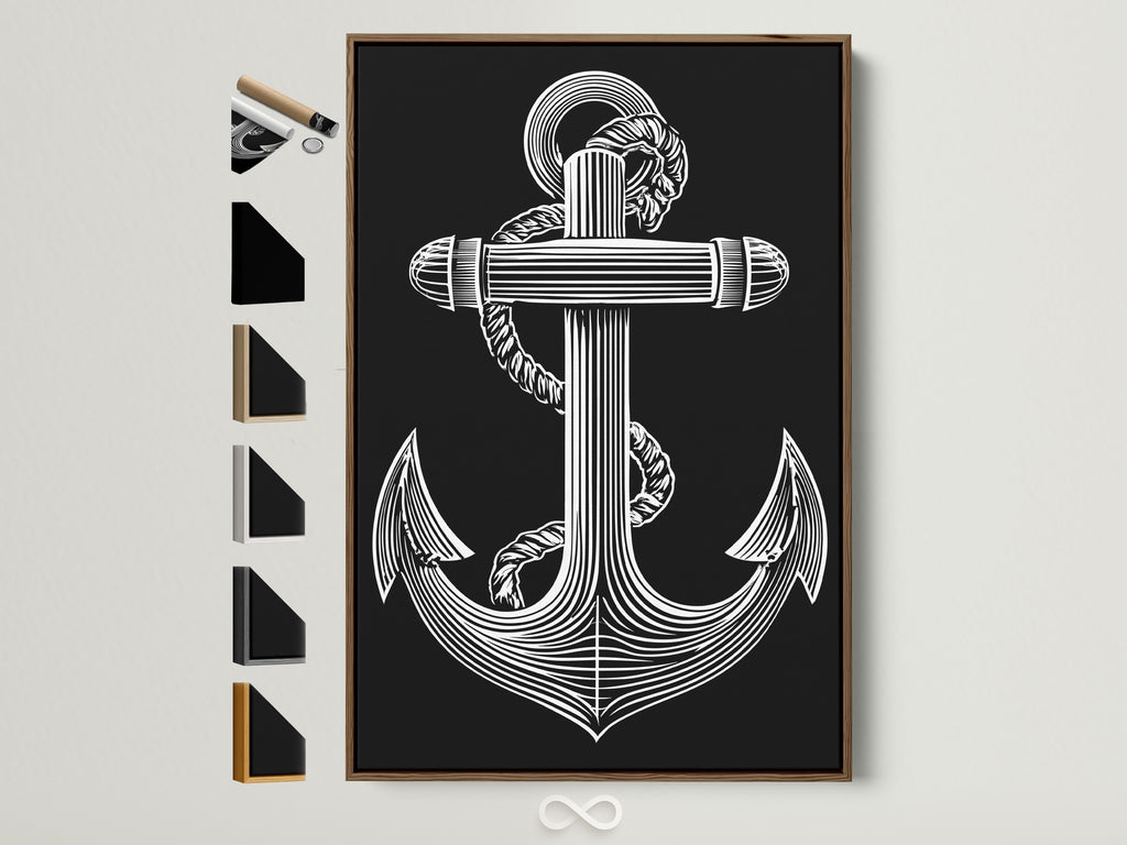 A framed art print featuring a white anchor on a black background. The frame is brown. Options for art prints are displayed on the side. Enhance your home decor with our stylish art prints. Find the perfect frame to complement your artwork. Discover our wide selection of art pieces today