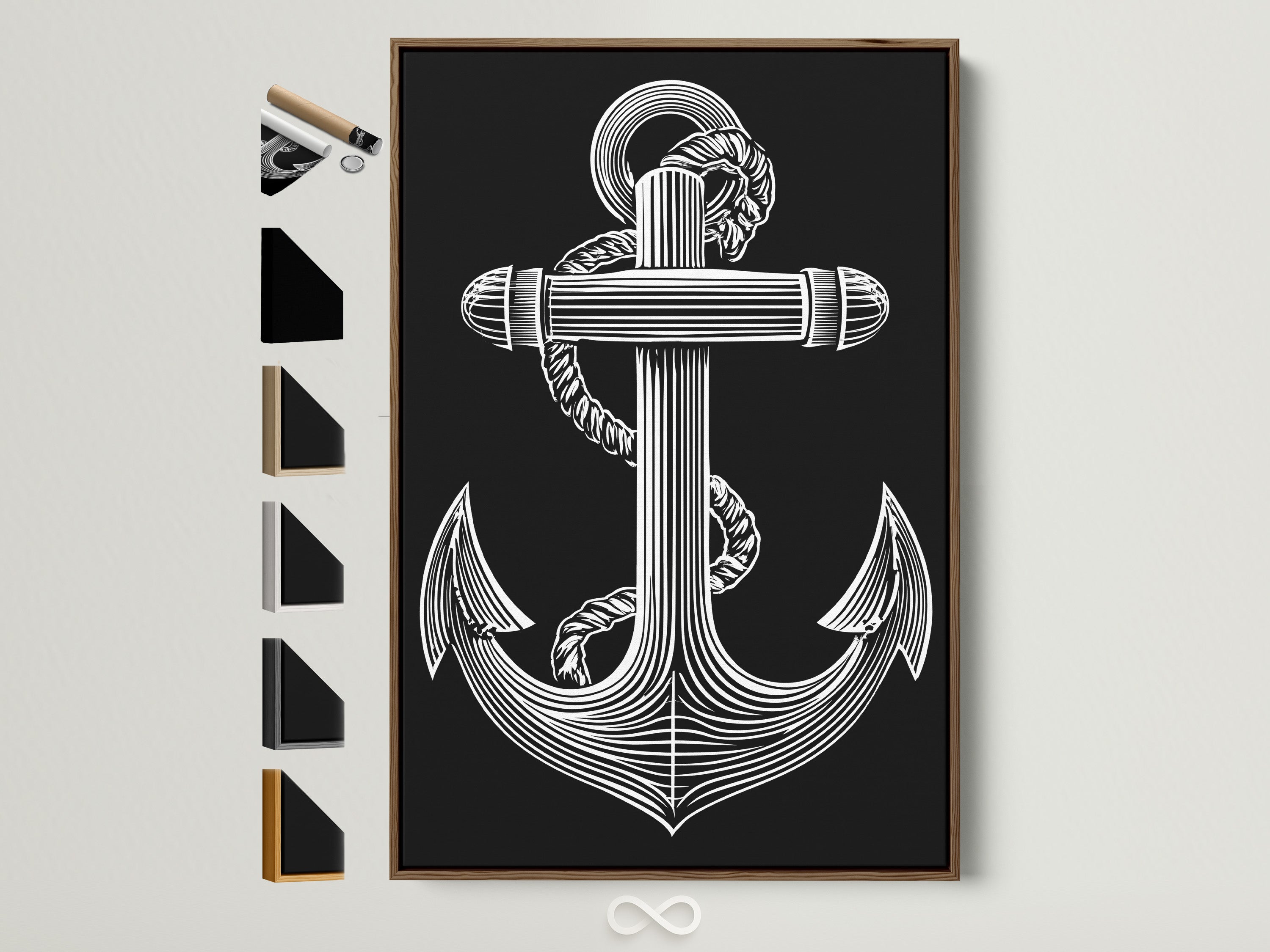 A framed art print featuring a white anchor on a black background. The frame is brown. Options for art prints are displayed on the side. Enhance your home decor with our stylish art prints. Find the perfect frame to complement your artwork. Discover our wide selection of art pieces today