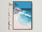 Tropical beach artwork in a brown frame showcased with frame options. View our selection of coastal landscape photography. Find turquoise ocean wall art. Perfect for minimalist coastal interiors and bedroom wall decor.