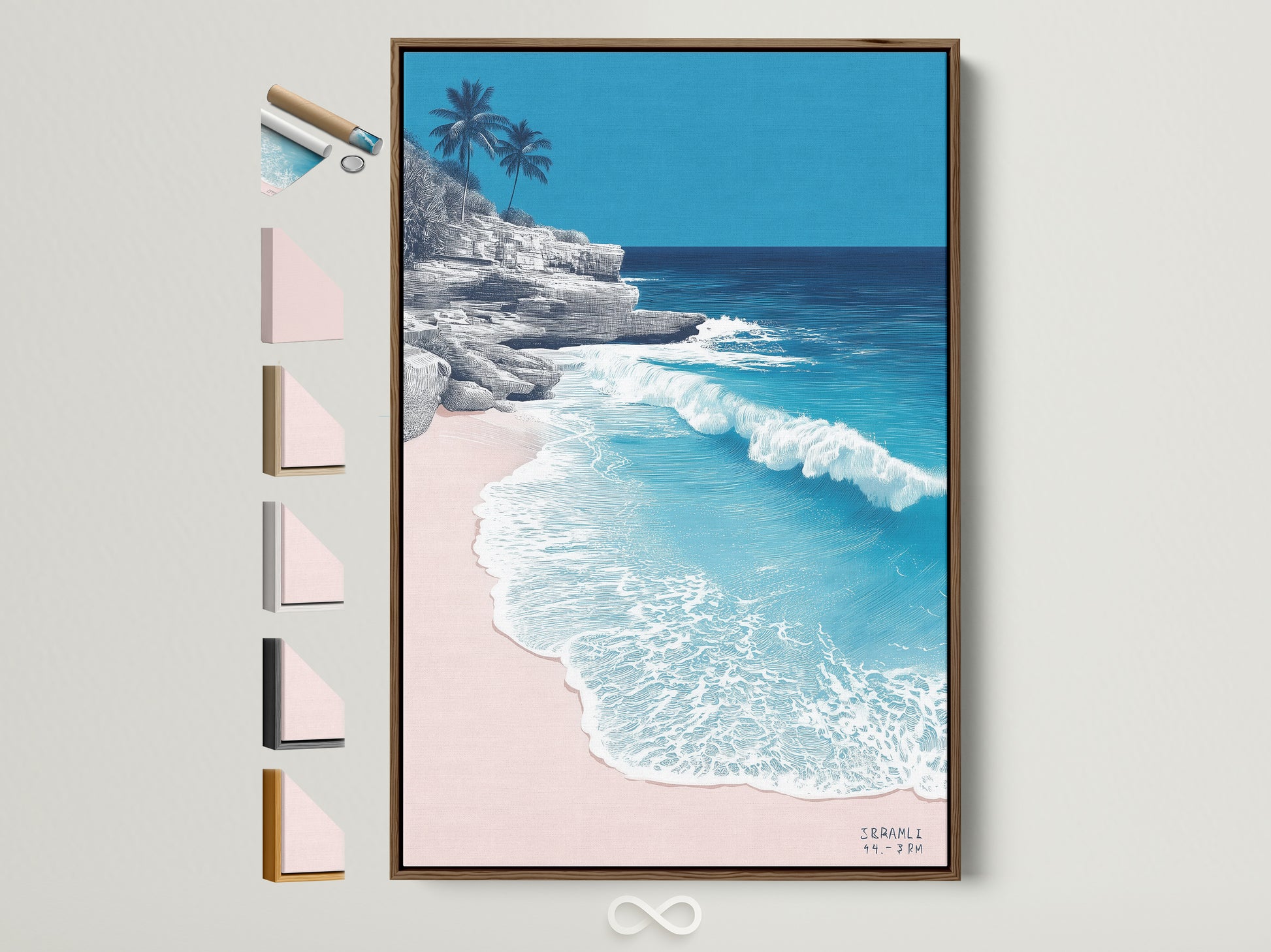 Tropical beach artwork in a brown frame showcased with frame options. View our selection of coastal landscape photography. Find turquoise ocean wall art. Perfect for minimalist coastal interiors and bedroom wall decor.
