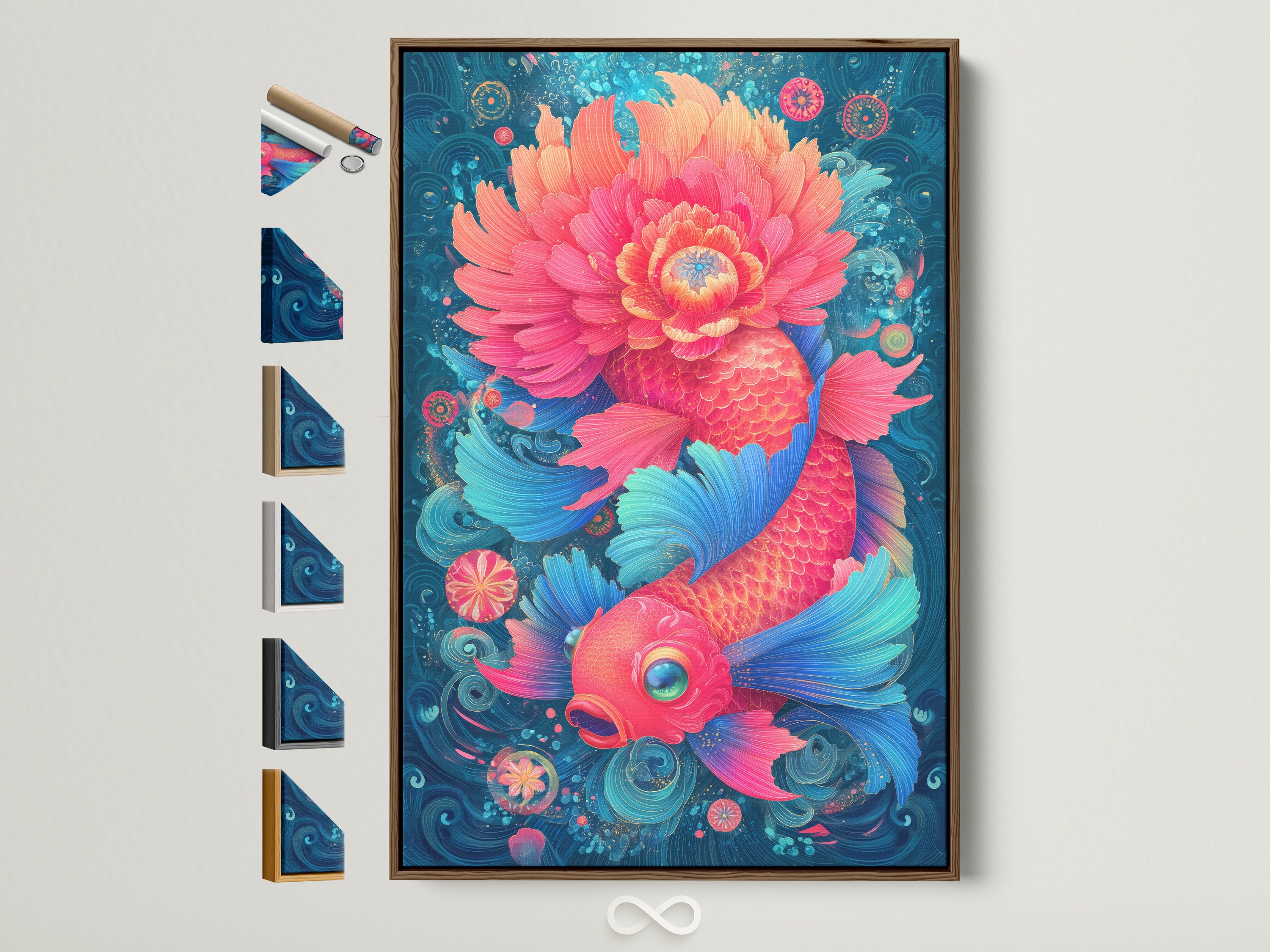 A vibrant koi fish and floral artwork is displayed in a brown frame. See frame options available for your own fine art prints. The art features teal pink and coral colors. This modern Asian art enhances any room or office.