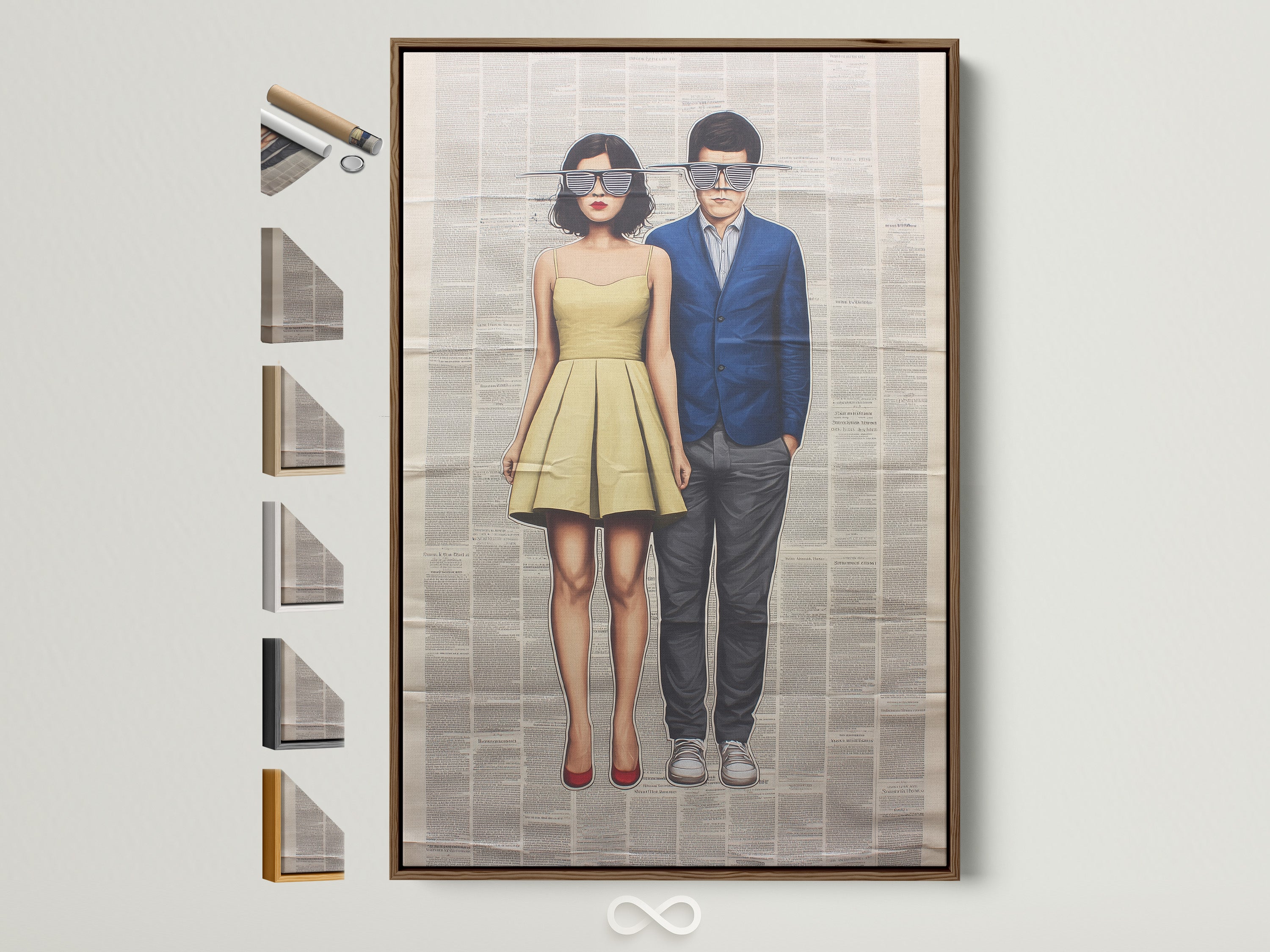 Vintage Couple Newspaper Art framed — retro pop meets mid‑century.