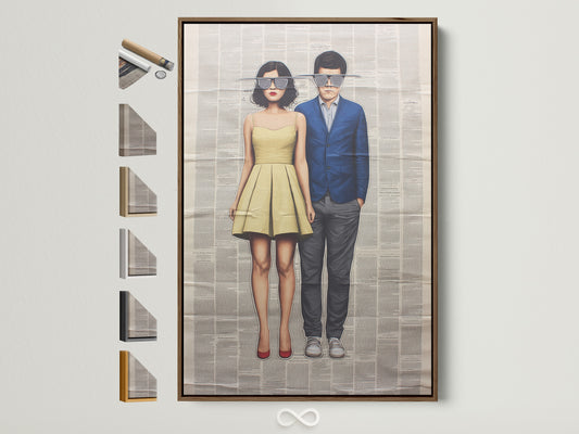 Retro couple art print framed in a warm brown frame. This mid-century modern artwork adds a touch of vintage pop art to any gallery wall. The full frame options are displayed on the side.