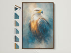 Majestic eagle artwork with a brown frame. This bird canvas print is perfect for patriotic decor. The wildlife art complements office wall art beautifully. Explore our raptor and American eagle art options. This nature wall art captures the essence of a majestic eagle. Shop now for wildlife canvas and eagle prints. Elevate your space with this powerful artwork.