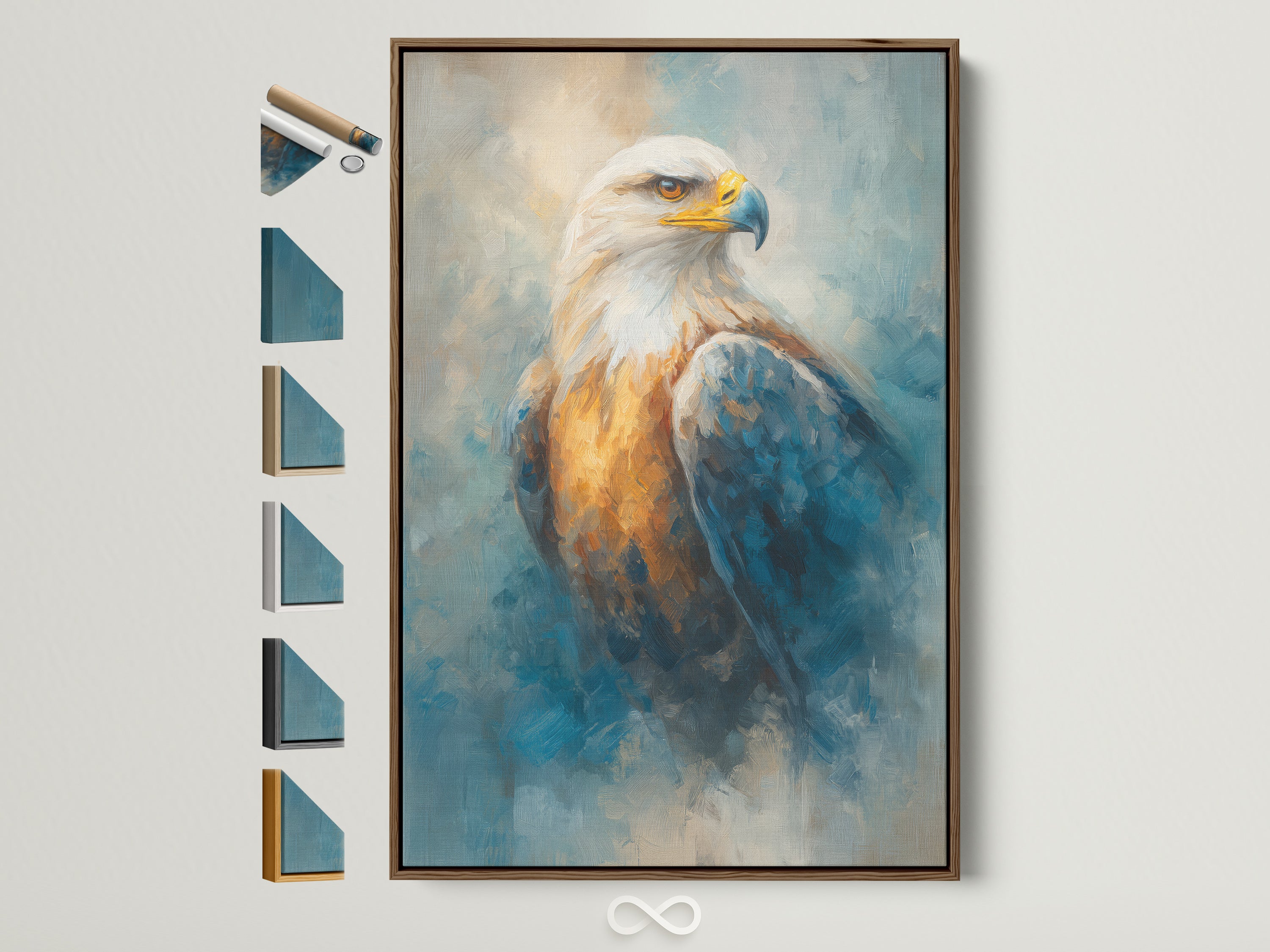 Majestic eagle artwork with a brown frame. This bird canvas print is perfect for patriotic decor. The wildlife art complements office wall art beautifully. Explore our raptor and American eagle art options. This nature wall art captures the essence of a majestic eagle. Shop now for wildlife canvas and eagle prints. Elevate your space with this powerful artwork.