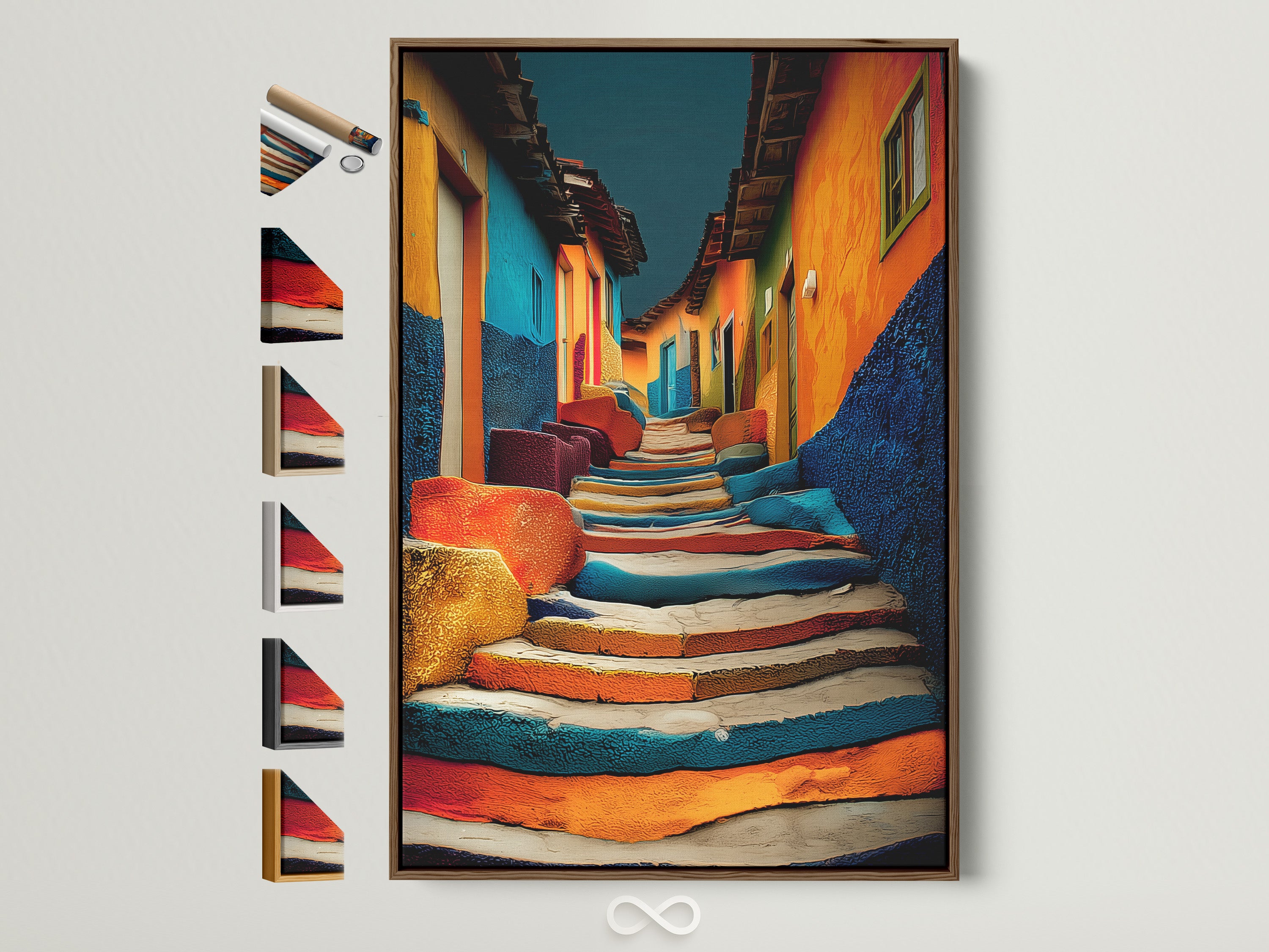 A vibrant artwork of colorful stairs and buildings is displayed in a brown frame. The art print is mounted on a white wall. This view includes all frame options on the side. A glimpse of another white wall is on the left. A great way to display artwork.