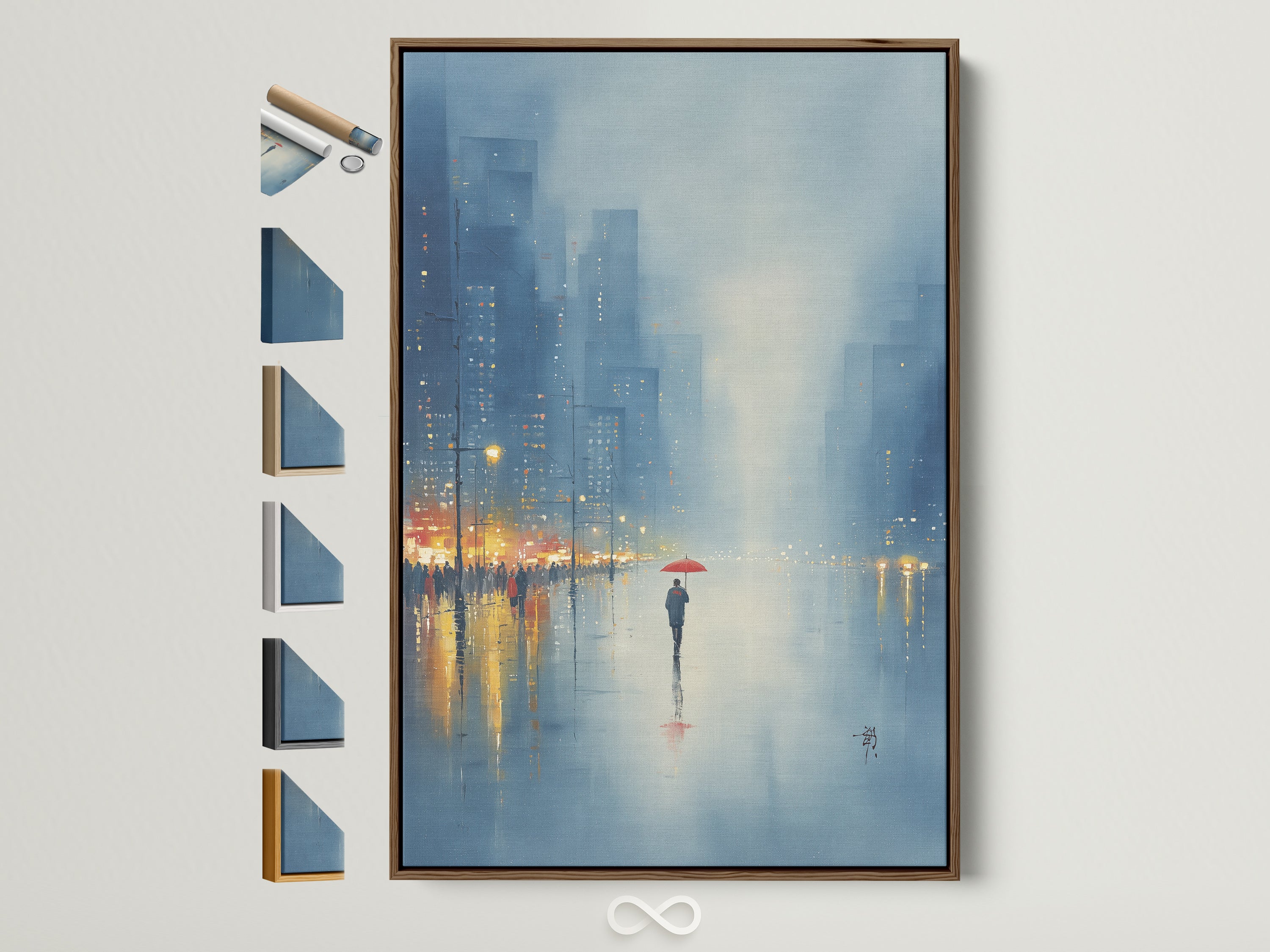 Explore our Rainy City canvas print. It features an urban landscape wall art with a blue-gray cityscape painting. The artwork is showcased in a brown frame. Discover frame options for your office wall decor. Find the perfect frame to complement your style.