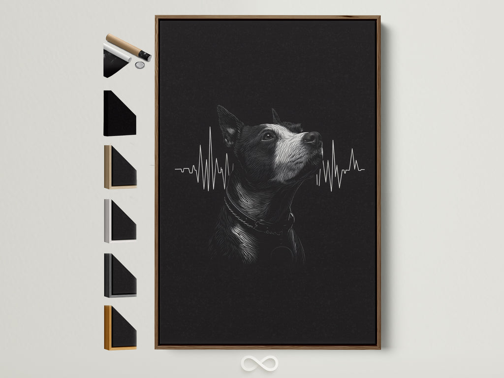 Framed dog heartbeat artwork is displayed with various frame color options. See available frame colors like oak white black and gold. Find the perfect frame to match your veterinary office decor or home art.