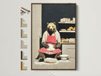 The charming bear baker art is framed in a warm brown frame. See all frame options available. This piece adds a touch of whimsy to any kitchen or cafe. It is perfect for animal and art lovers. Get yours today